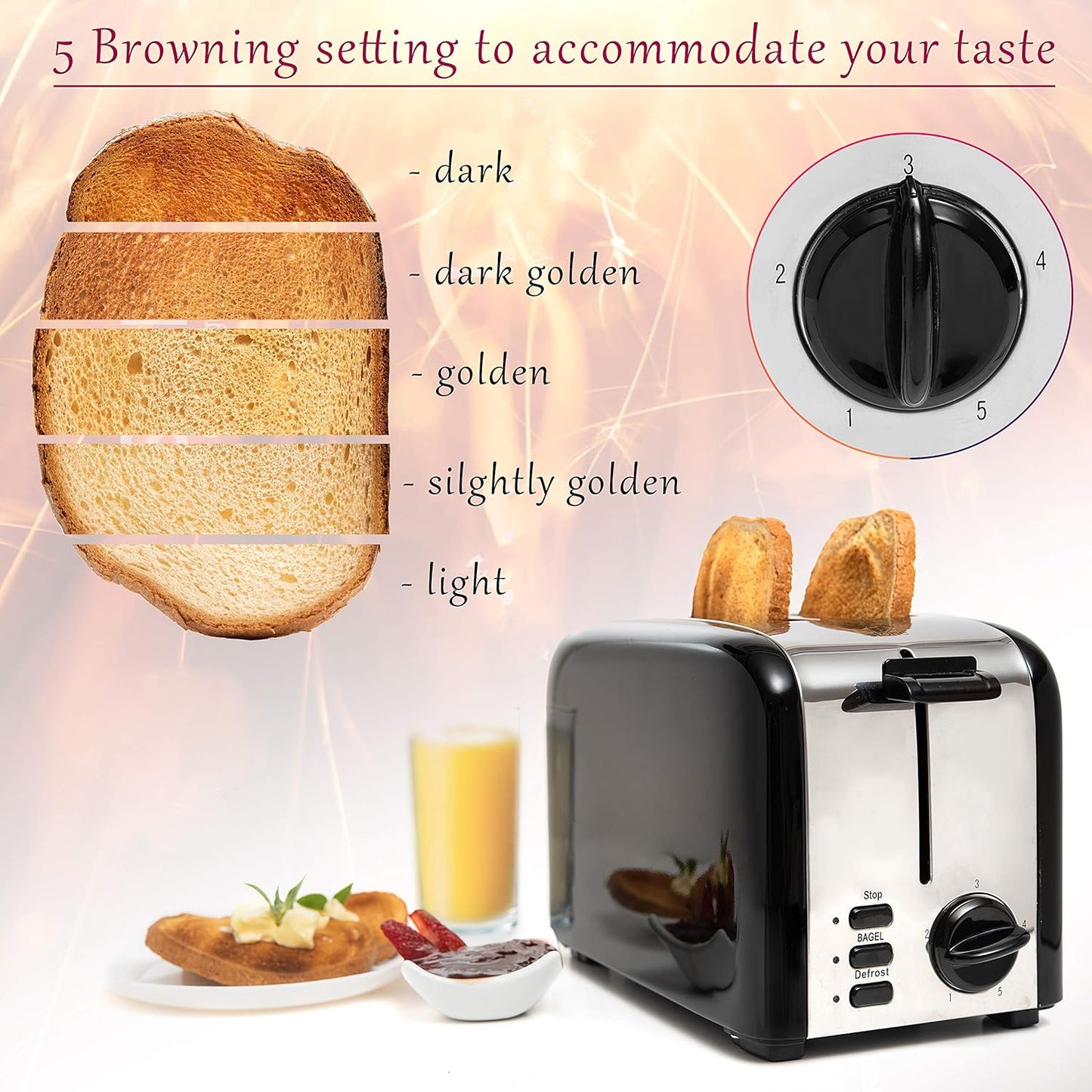Moss & Stone 2 Slice Toaster, 1.5in Extra-Wide Slot For Bagel & Defrost with 5 Shade Settings, Bread Toaster 2 Slice With Removable Crumb Tray, Black