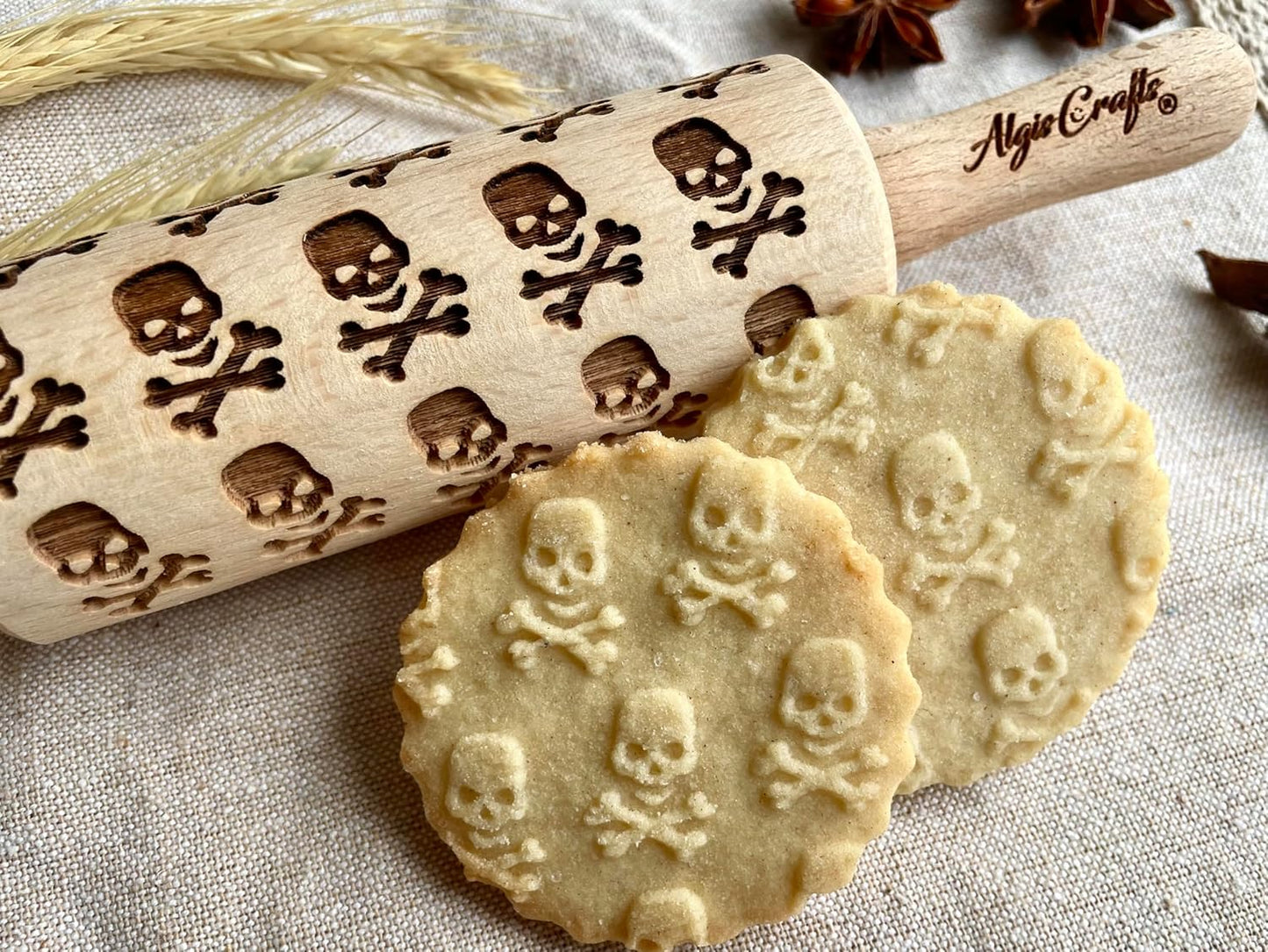 HALLOWEEN 3 Mini Embossed Rolling Pin Set. Wooden Laser Engraved Textured rolling pins for Cookies, Modeline, Ceramic with Skulls, Bats, Halloween by Algis Crafts