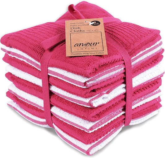 AMOUR INFINI Dish Cloths for Washing Dishes Set of 8 - Highly Absorbent, Super Soft Kitchen Dishcloths - Reusable Quick Dry Dish Rags for Cleaning & Drying Kitchen Linens (12x12 Inch - Pink)