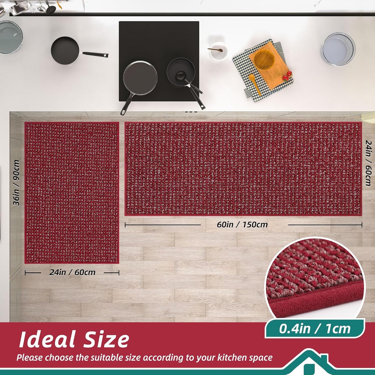 BEQHAUSE Kitchen Rugs and Mats 2PCS, Non-Slip Kitchen Mats for Floor, Absorbent and Stain Resistant Kitchen Runner, Machine Washable Rugs for Kitchen, Laundry & Sink, 24"x36"+24"x60", Red