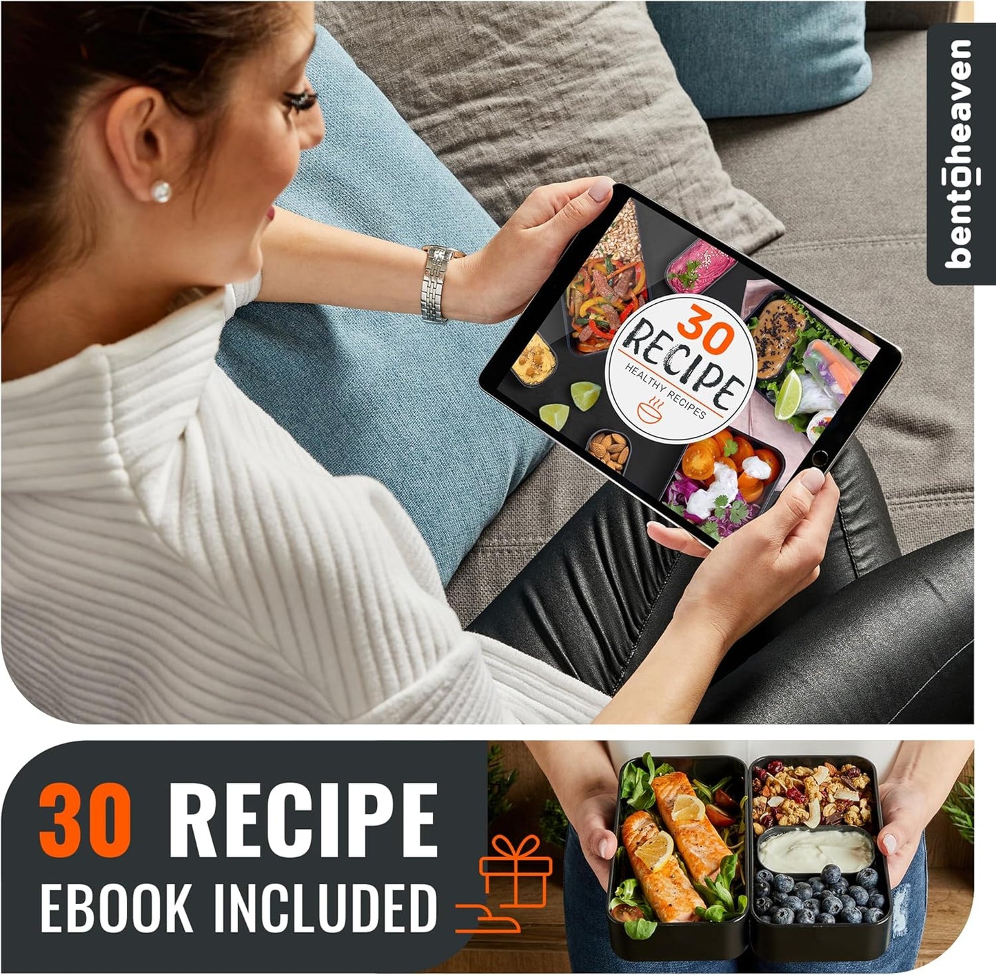 Bentoheaven Premium Bento Box Adult Lunch Box with Compartments for Women & Men, Set of Utensil & Chopsticks & Dip Container, Cute Japanese Kids Bento Lunch Box, Microwavable (Bright Light)