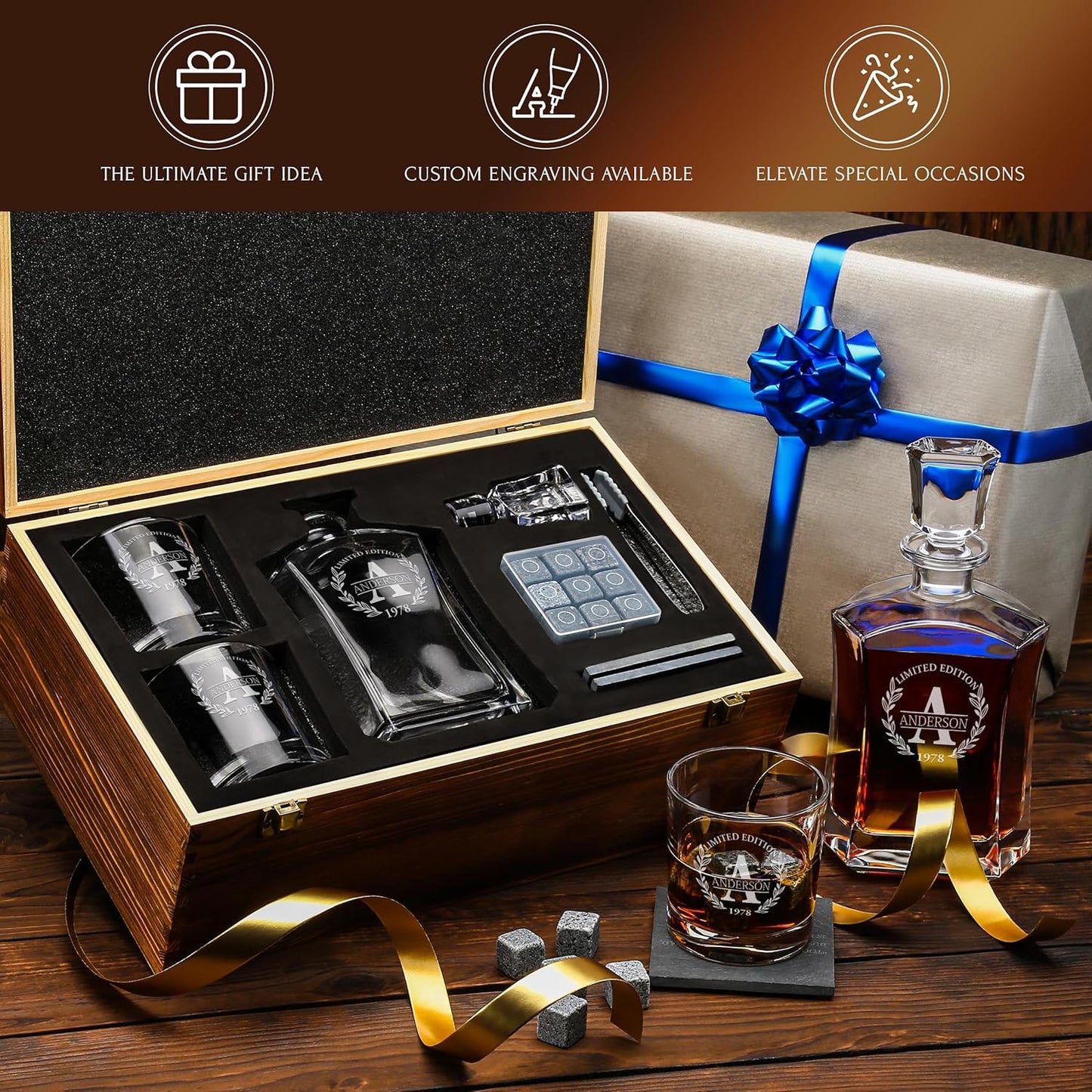 Personalized Whiskey Decanter and Stones Set - Customized Gift for Him - Men, Dad, Father - Engraved Old Fashioned Decanter, Glasses, 9 Granite Stones in Container, Coasters, Tongs in Wooden Gift Box