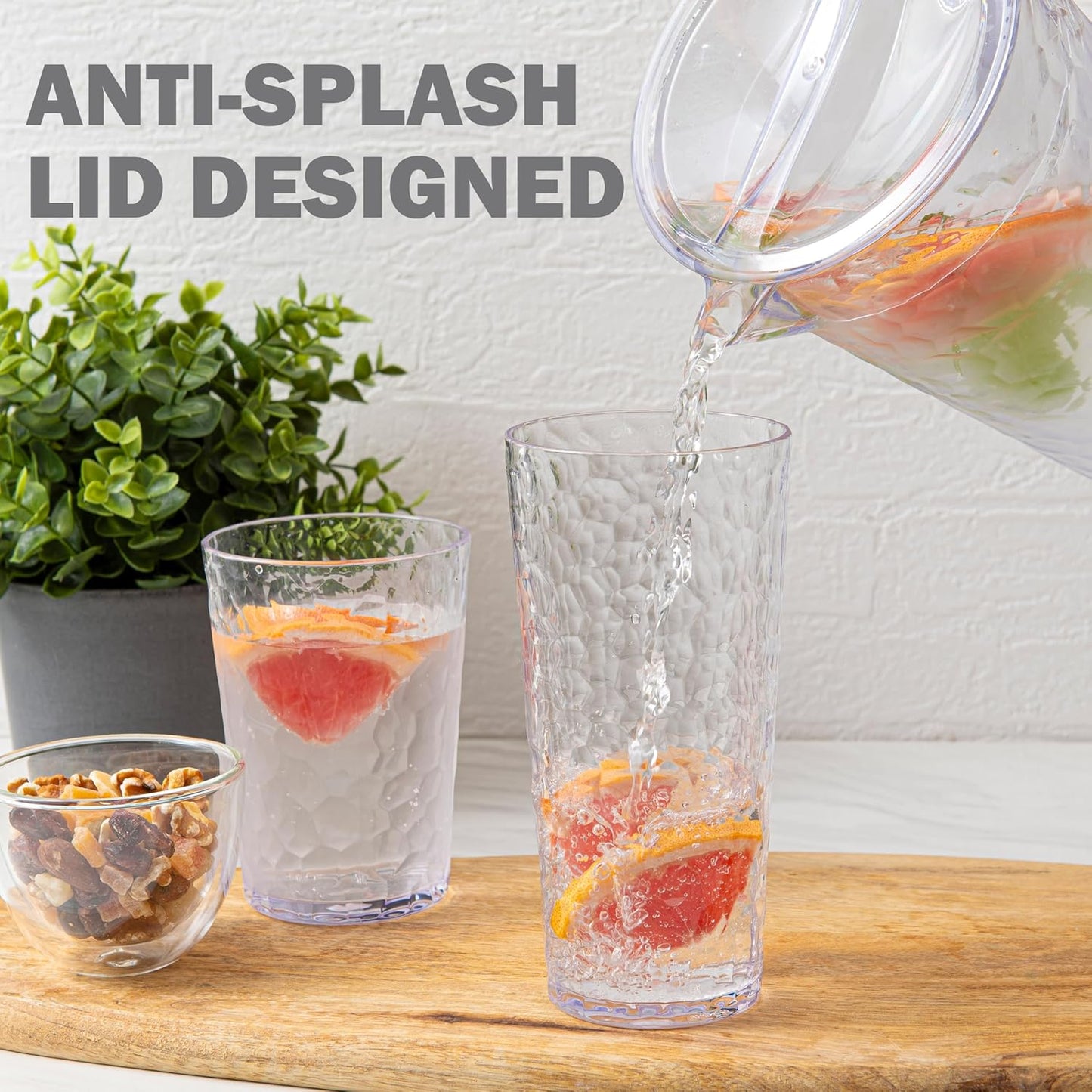 Bzyoo 74oz Clear ChillCraft Water Jug, BPA-Free Pitcher with Lid, Hammered Glass-Style Durable Plastic, Ripple Effect Design, Easy-Pour Spout, Ideal for Orange Juice, Iced Tea, Infused Waters