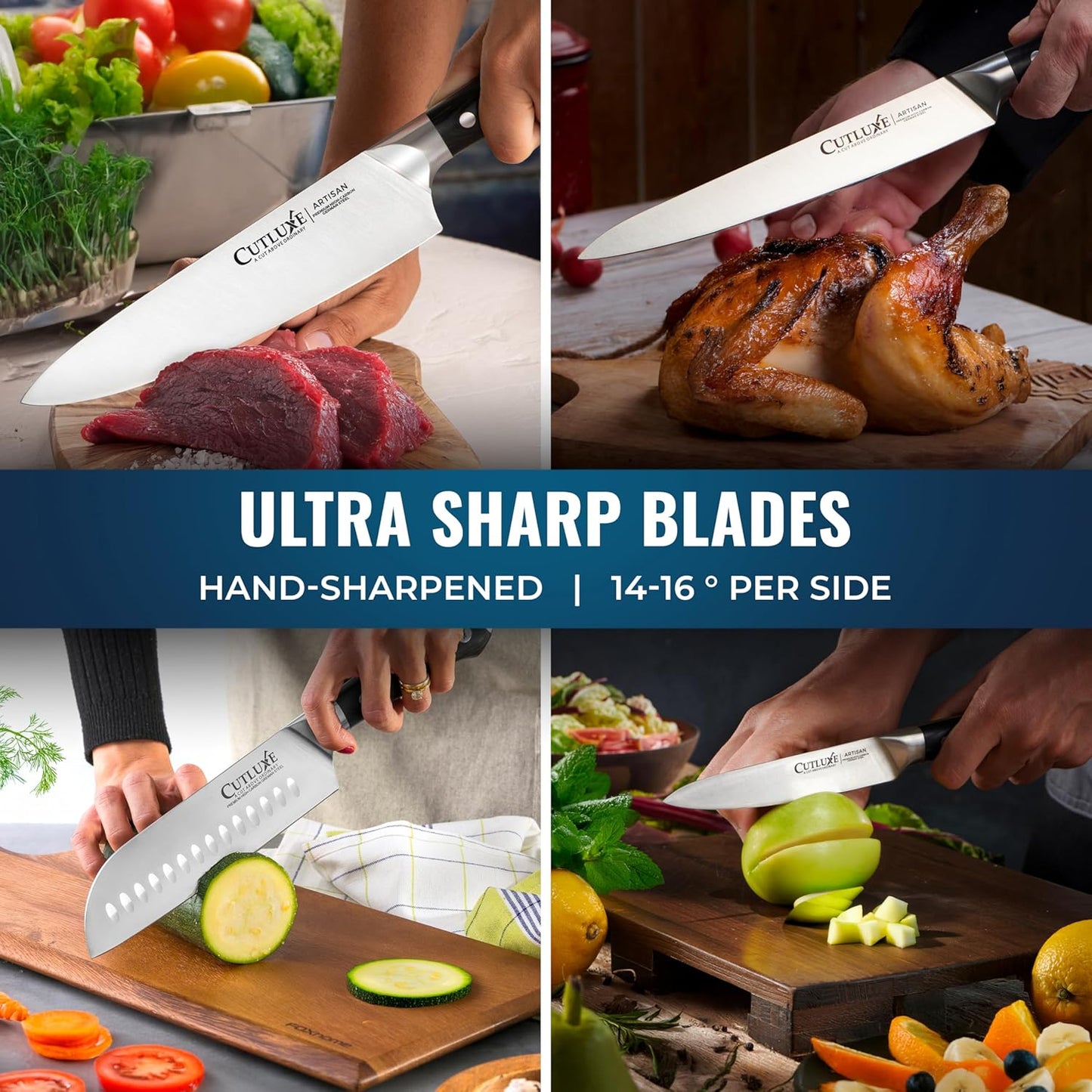 Cutluxe 15-Piece Knife Set – Premium Rubberwood Wood Block – Knife Set for Kitchen, Ultra Sharp High Carbon German Stainless Steel, Full Tang – Artisan Series