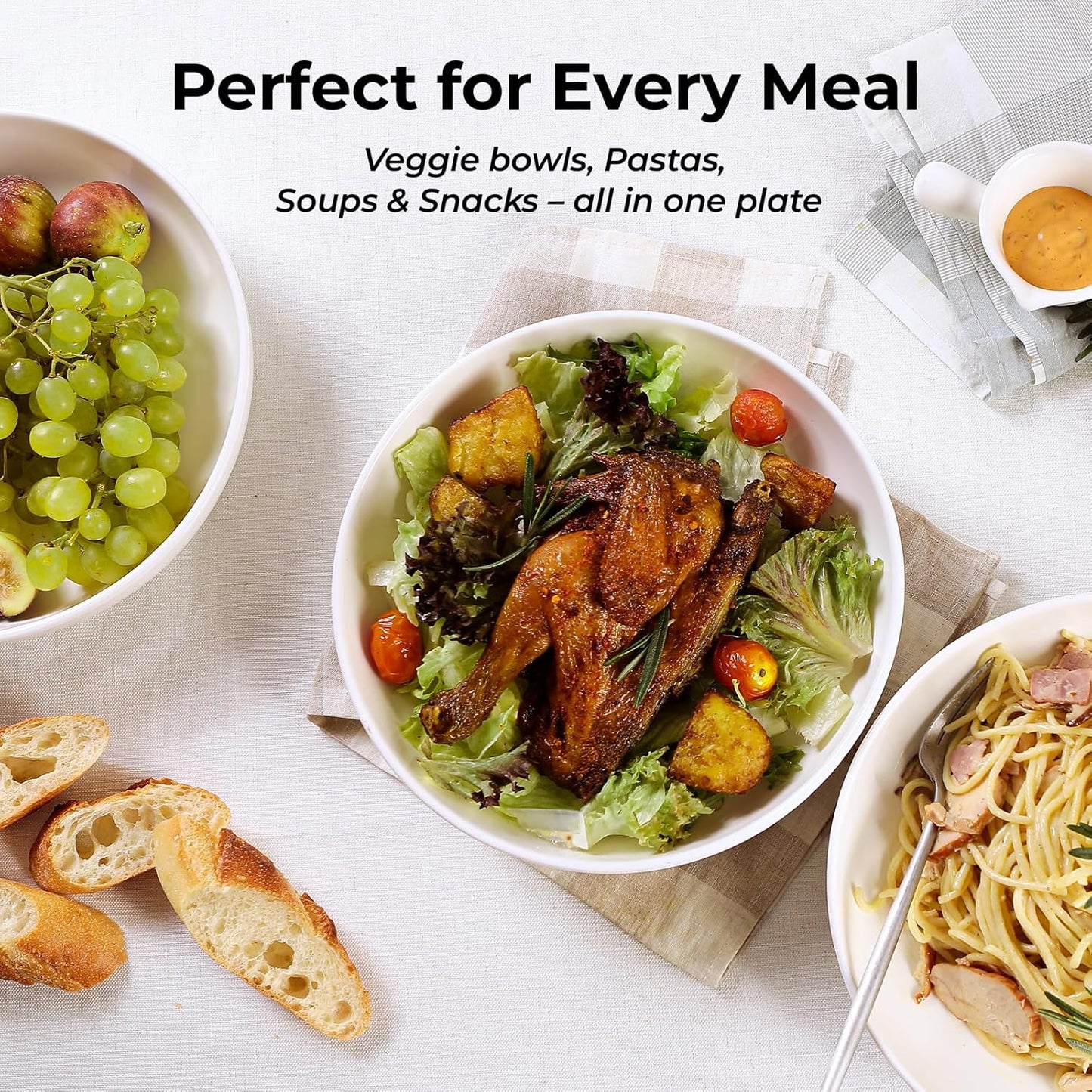 Y YHY 9.75" Large Pasta Bowls, 50 Ounces Big Salad Bowls, Ceramic Serving Bowl Set of 4, Wide and Shallow Bowls Set, Microwave and Dishwasher Safe, White