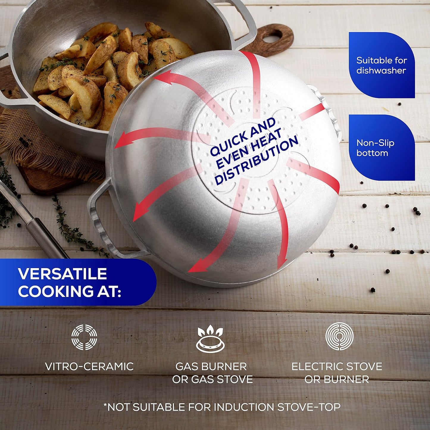 Universal (Medium Size) Caldero 18 Cups - 6.3 QT / 6 L, Stainless Aluminum Pot, Even Heat Distribution and Fast Cooking Dutch Oven Pot, Ergonomic Handles, Ideal for Rice, French Fries, and More