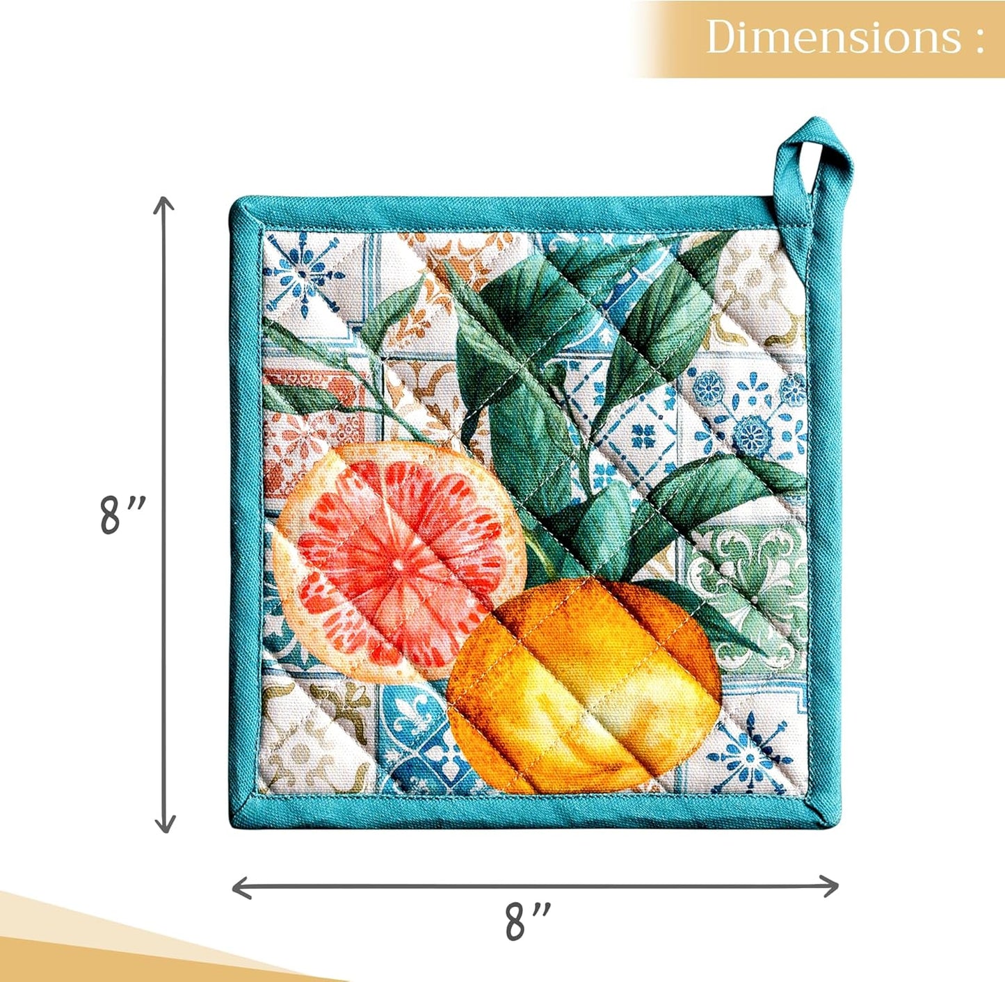Maison d' Hermine Pot Holders 100% Cotton Heat Resistant Potholders 8" x 8" Hot Pads with Loop BBQ, Cooking, Baking, Grilling, Kitchen, Handling Hot Pans Spring/Summer (Pack of 1, Agrume)