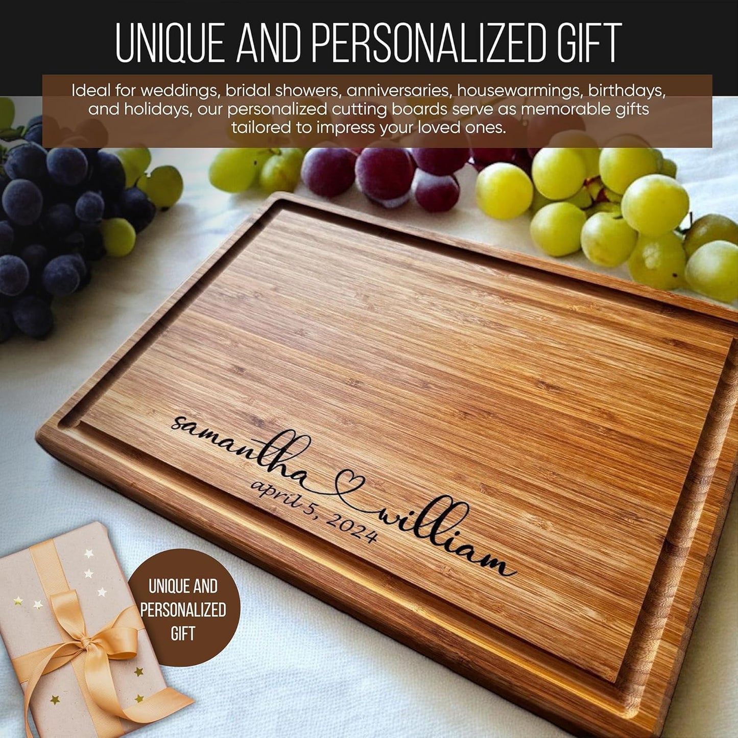 Handmade Personalized Cutting Board - Unique Christmas, Wedding, New Home, and Bridal Shower Gifts - Christmas Gifts - Engraved Charcuterie Boards - Bamboo Cheese Board