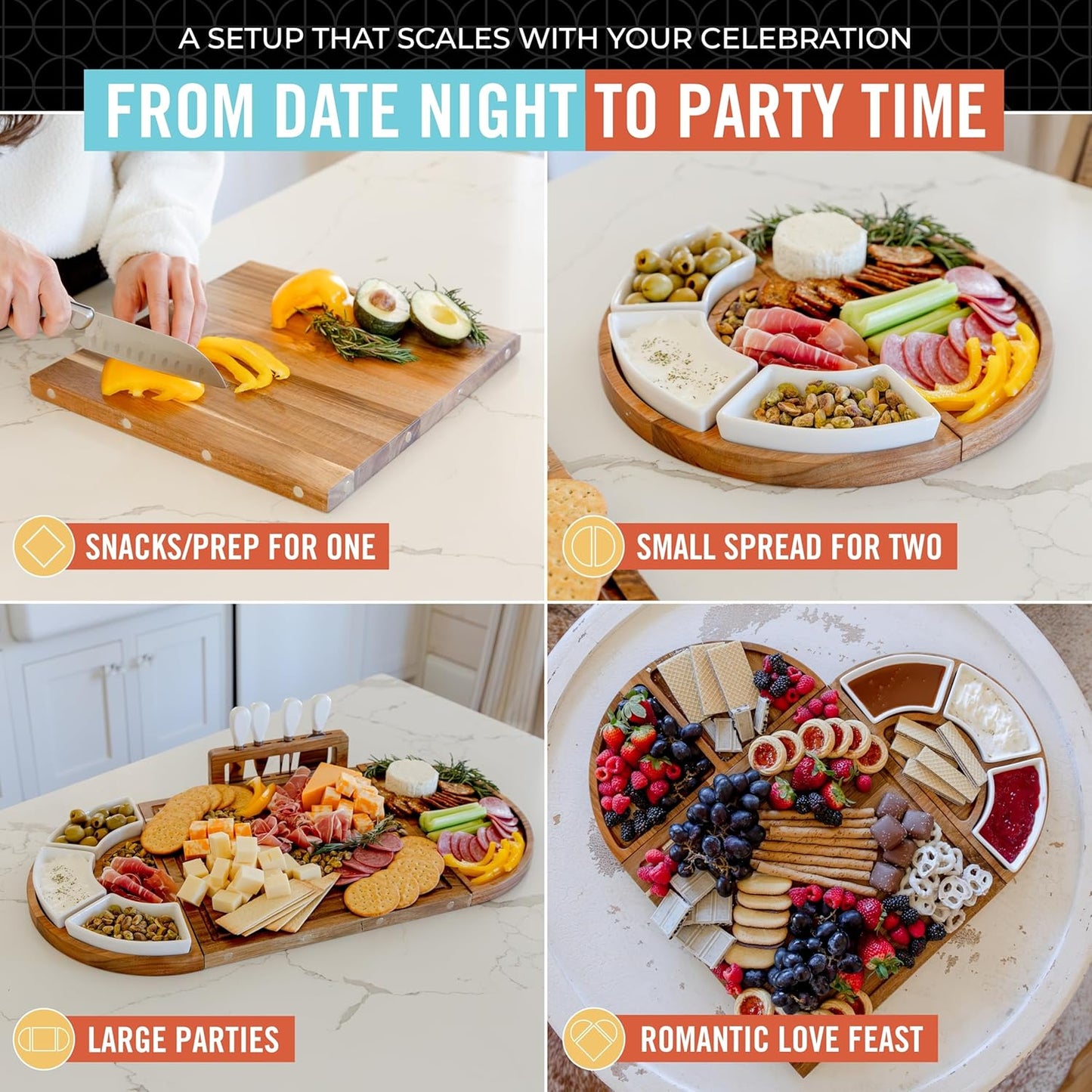 Large Wooden Charcuterie Board Set (Oil Finish) - 3-Piece Magnetic Long Serving Board Tray with Charcuterie Accessories - Acacia Wood Cheese Platter with Cheese Knife Set & Ceramic Dishes - Brown