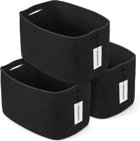 Cotton Rope storage Basket Bins 14.5X9.5X9.3“ Woven Basket for Organizing Shelves Rectangle Decorative Baskets For storage Clothes Toys Books Towels Square Wicker Nursery basket organizer 3 pack black