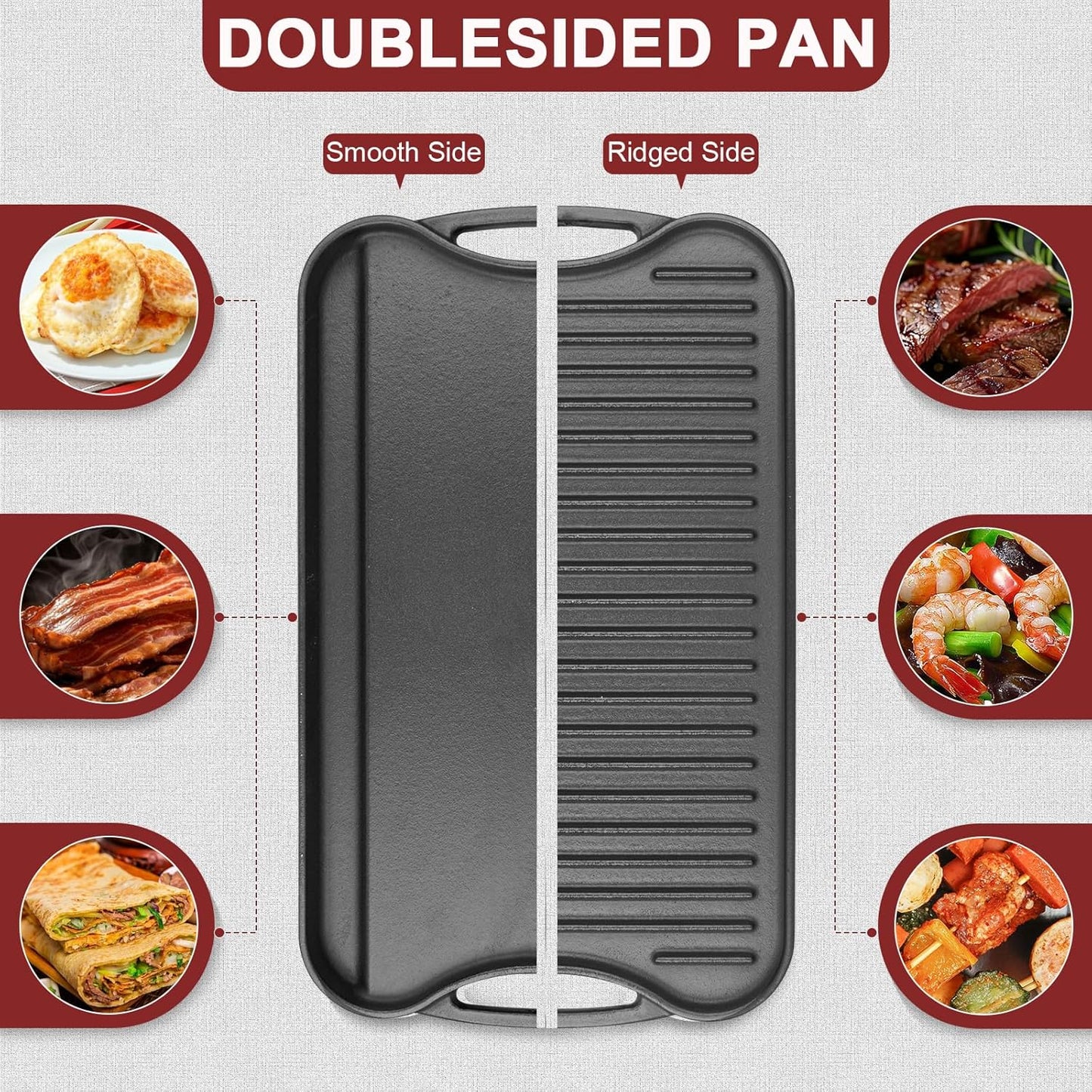 Cast Iron Reversible Grill/Griddle Pan -20"x10.5" Pre-Seasoned Rectangular Double Sided Griddle Plate for Gas Stove, Oven, Camping, Indoor & Outdoor Cooking - Non-Stick, Durable & Versatile