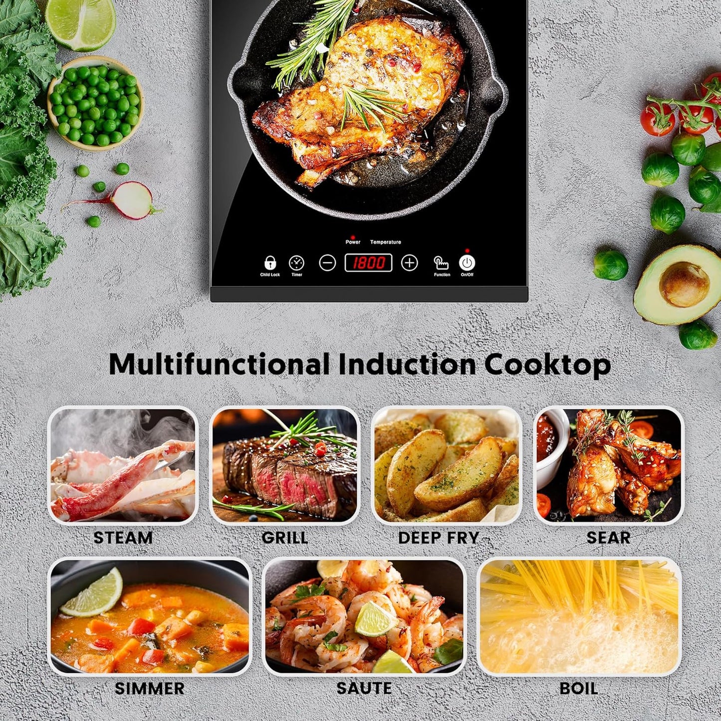Portable Induction Cooktop, iSiLER 1800W Sensor Touch Electric Induction Cooker Hot Plate with Kids Safety Lock, 6.7" Heating Coil, 18 Power 17 Temperature Setting Countertop Burner with Timer