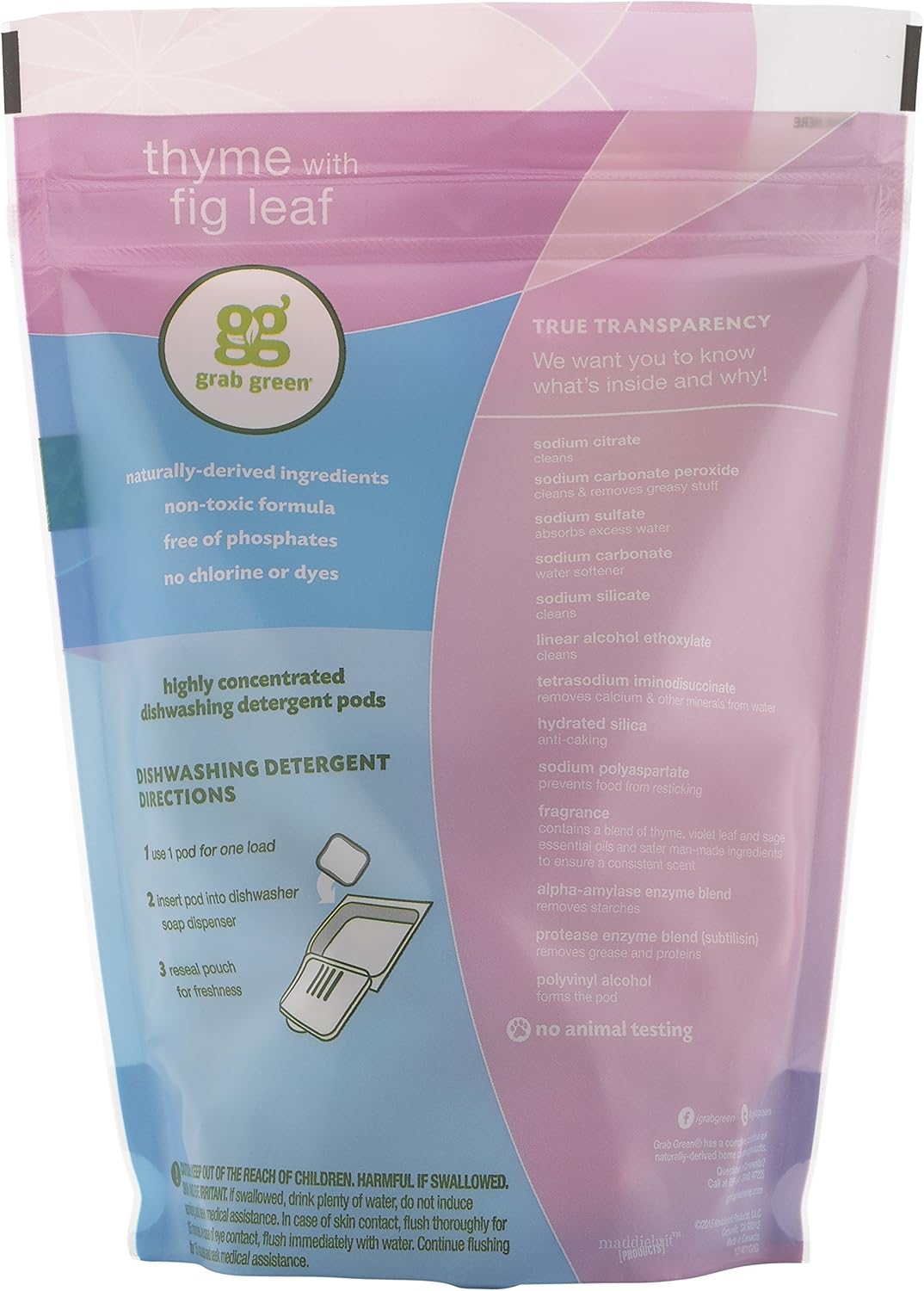 Grab Green Automatic Dishwashing Detergent Pods, 24 Count, Thyme Fig Leaf Scent, Plant and Mineral Based, Superior Cleaning, Powerful Grease Removal,