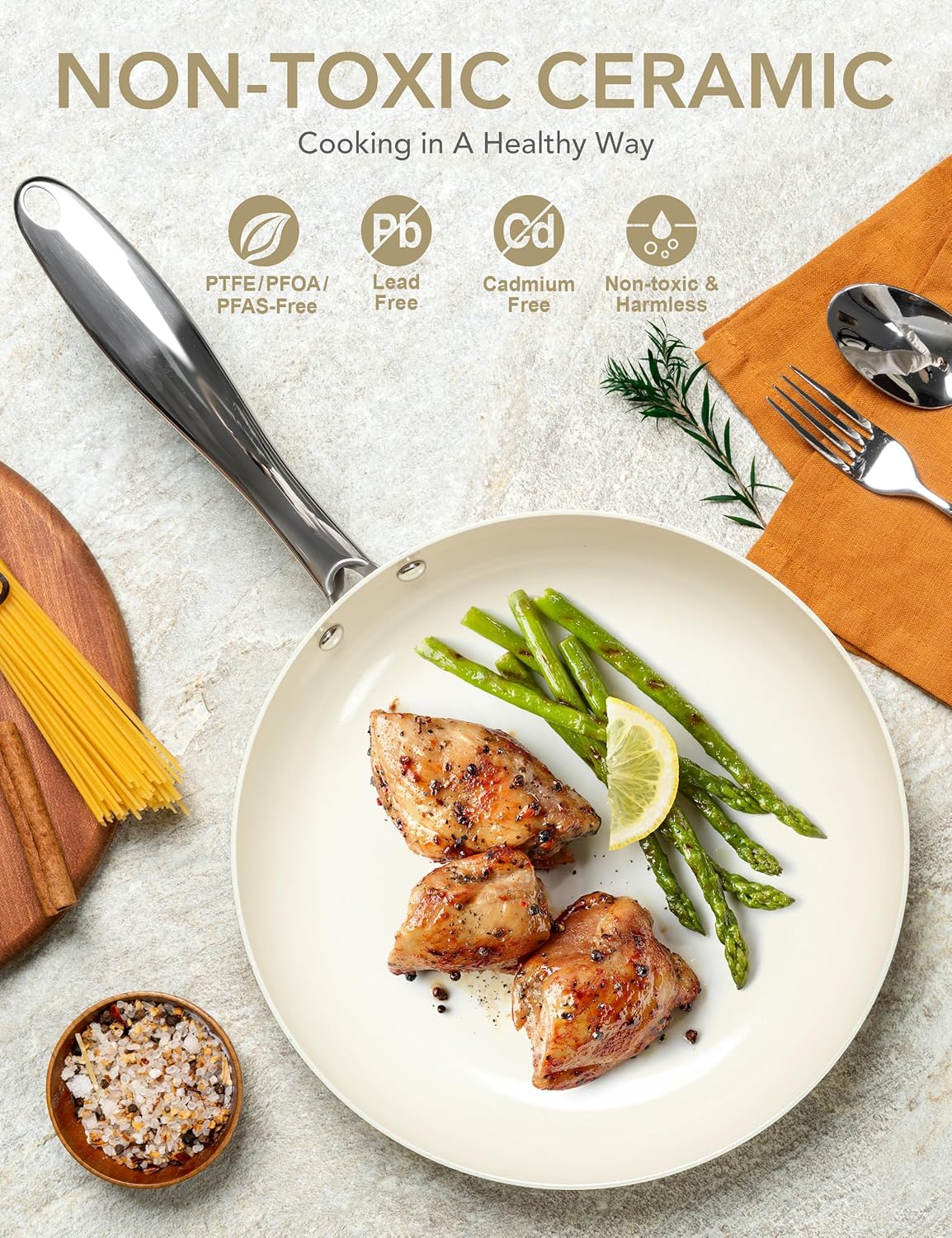 MICHELANGELO Large Frying Pan with Lid, 14 Inch Ceramic Skillet with Nonstick Coating, Healthy Non Stick Fry Pan, Induction Compatible, White