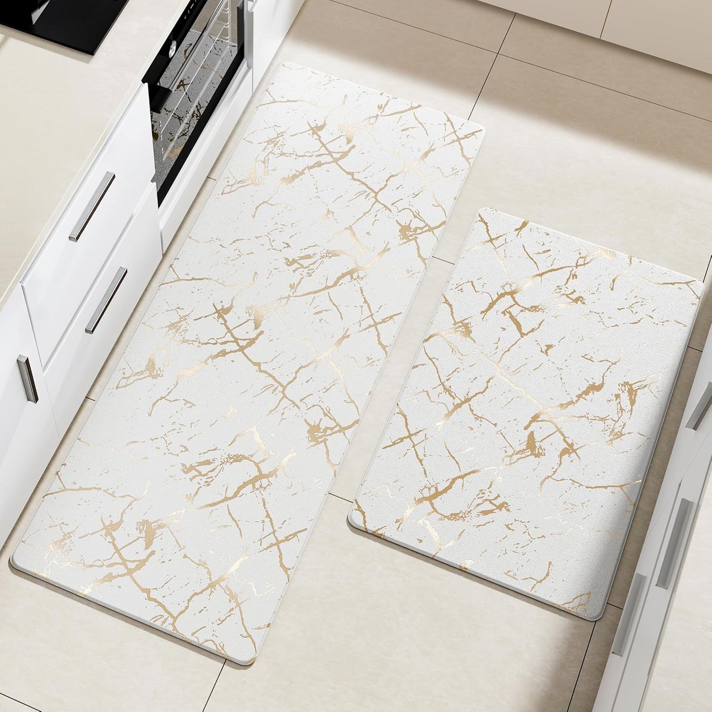 Gold Foil Stamped Marble Kitchen Mats for Floor 2PCS Cushioned Anti Fatigue Non Slip Waterproof Comfort Leather Kitchen Rugs 2/5 Inch PVC Kitchen Mats for Sink, Laundry, 17.3"x28"+17.3"x47",White