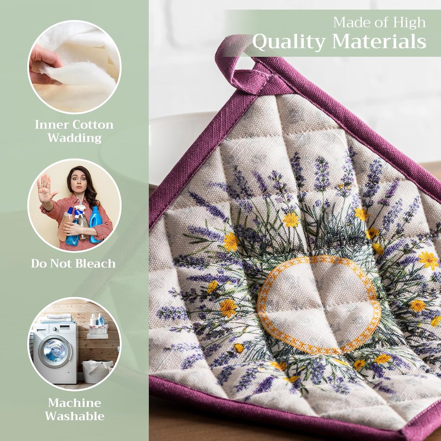 Maison d' Hermine Pot Holders 100% Cotton Heat Resistant Potholders 8" x 8" Hot Pads with Loop BBQ, Cooking, Baking, Grilling, Kitchen, Handling Hot Pans Spring/Summer (Pack of 1, Fanny Lavender)