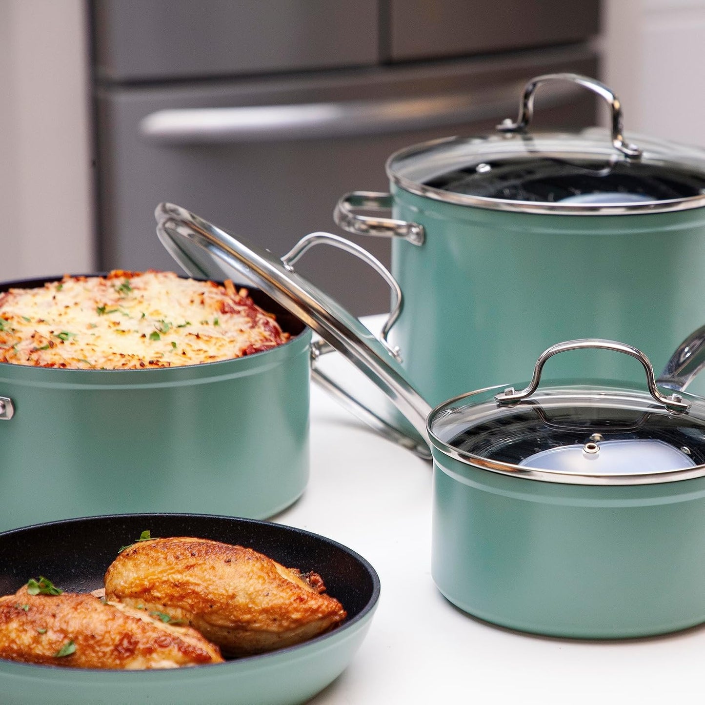 Nuwave 12pc Forged Lightweight Cookware Set, G10 Healthy Duralon Ceramic Ultra Non-Stick Coating, Vented Tempered Glass Lids, Stay-Cool Handles, Induction-Ready & Works on All Cooktops, PFAS Free