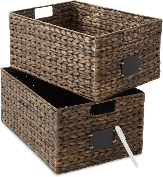 Casafield Set of 2 Water Hyacinth Pantry Baskets, 12-1/2" x 17" x 8", with Chalkboard Labels and Chalk Marker - Espresso, Woven Storage Bin Organizers for Kitchen Shelves