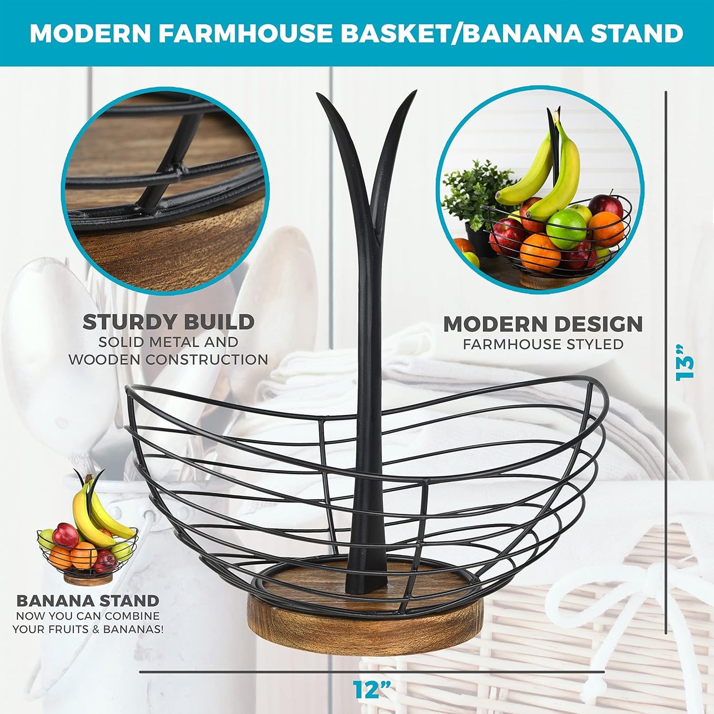 Modern Farmhouse Fruit Basket with Banana Holder for Kitchen Counter, Vintage Wire and Wooden Base Fruit Bowl & Banana Hanger for Kitchen Countertop Decor, Banana Tree & Fruit Stand