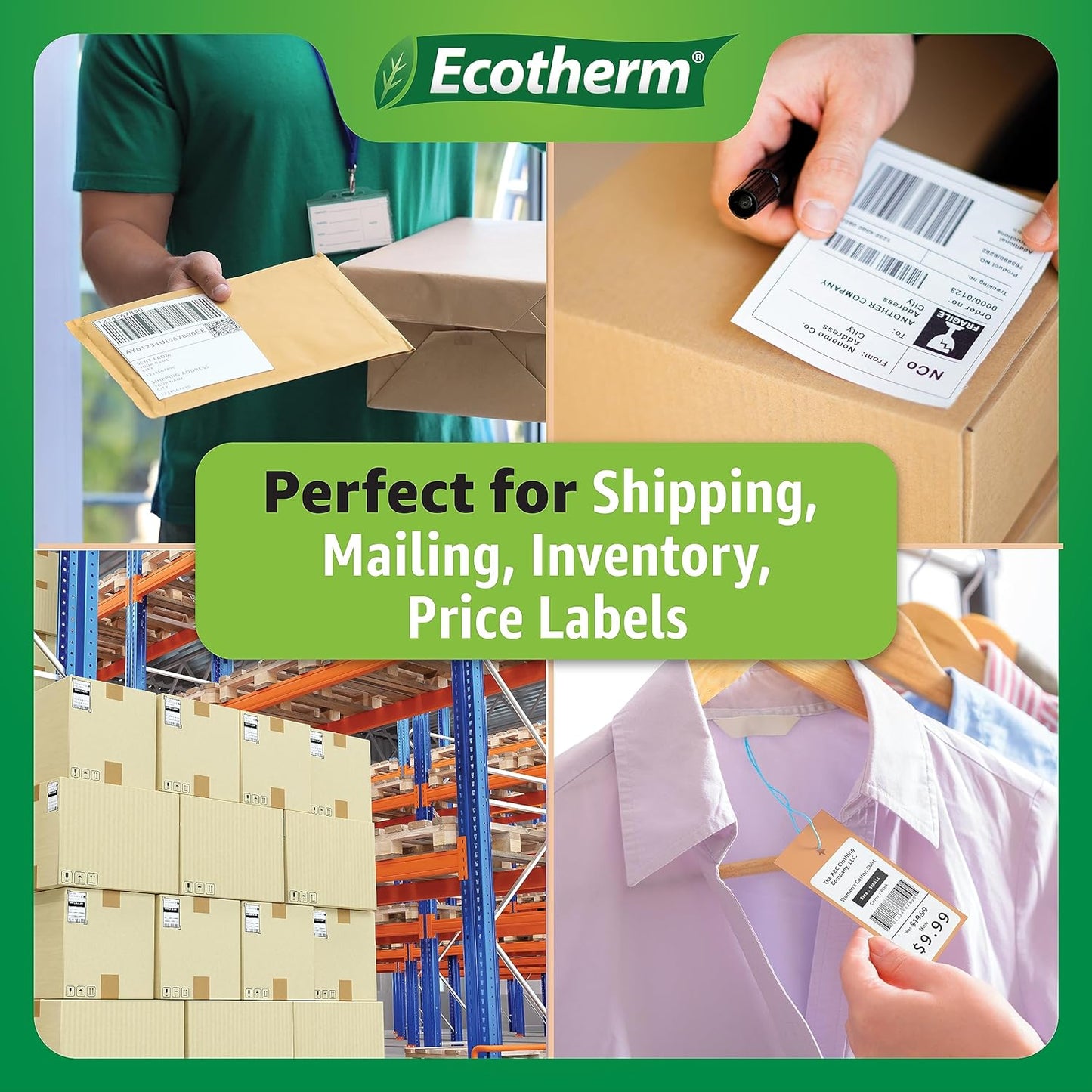 1" x .5" Thermal Labels | 4 Rolls | 9800 Labels | fits Zebra, Godex, Arkscan, iDPRT, Offnova Thermal Label Printers and More | Blank White Adhesive Stickers by Ecotherm