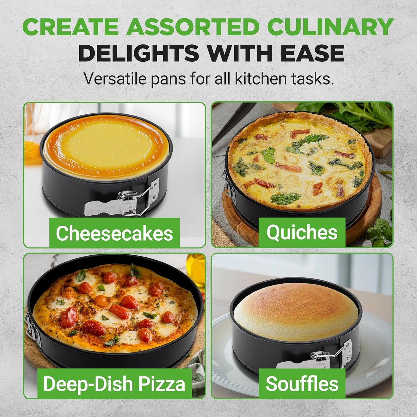 NutriChef 3 Piece Nonstick Springform Pan Set | 3 Tiered Sizes 6, 8 & 10 Inch Pans | Carbon Steel Cheesecake Pans | Stainless Steel Clasps | Oven Safe to 450 F | Includes 300 Parchment Papers | Black