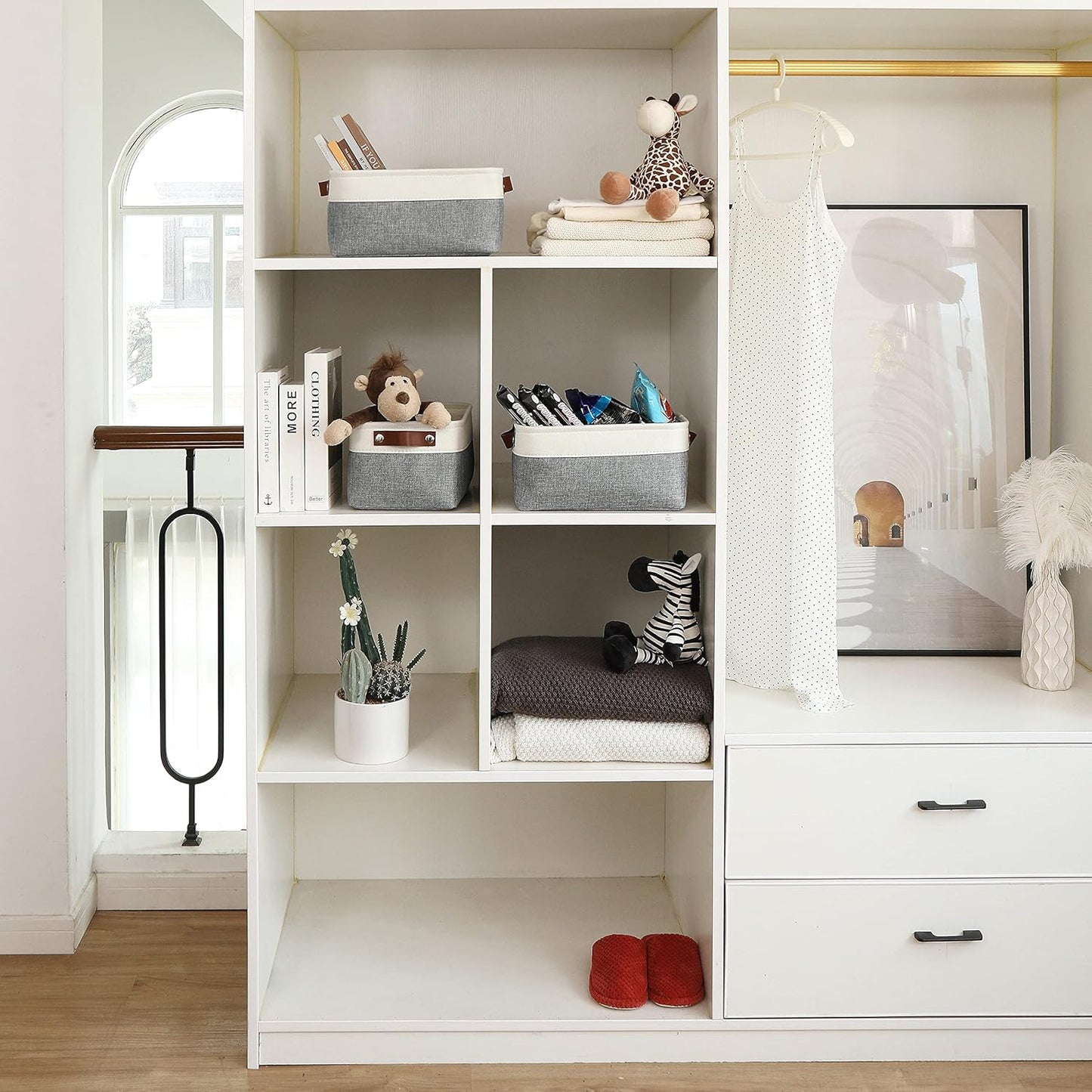 OrganiHaus Small Fabric Storage Bins for Shelves 6 Pack, 12x8in Closet Storage Bins for Shelves, Cloth Baskets for Organizing, Linen Closet Organizers, Fabric Basket, Gray/White