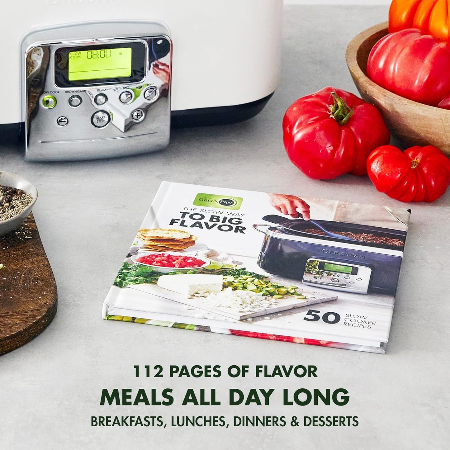 GreenPan Elite Electric Slow Cooker Cookbook, Hardcover, 50 Simple Step Recipes, Breakfast Lunch Dinner Dessert Meals, Quick Easy Tips