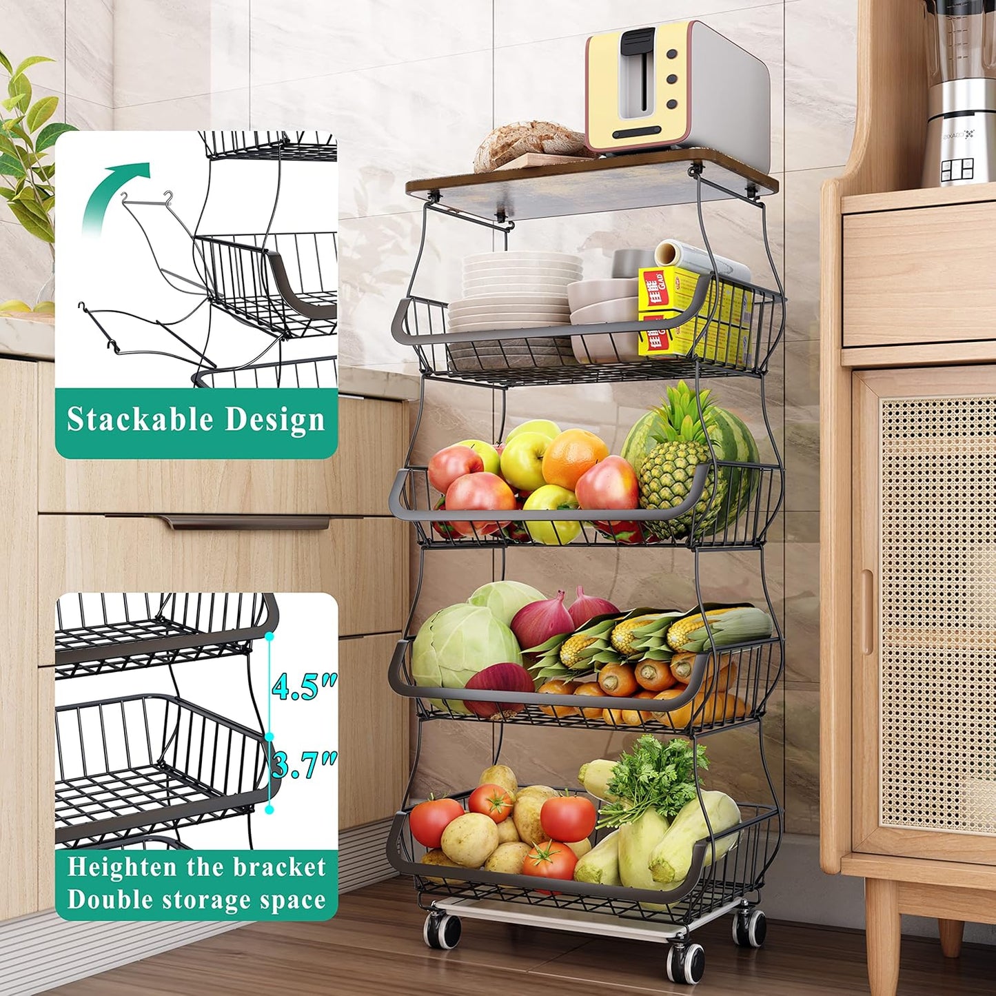 Fruit Basket Kitchen Pantry Organizers and Storage - Wooden Top Table, Stackable Metal Wire Basket Stand Cart for Fruit Vegetable Snacks Jars Bins Containers Organization, Black