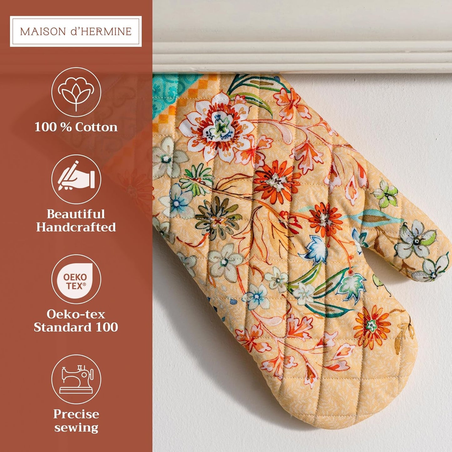 Maison d' Hermine Oven Gloves 100% Cotton Oven Mitt 7" x 13" with Loop Heat Resistant, BBQ, Cooking Gloves, Baking, Grilling, Kitchen, Handling Hot Pans Spring/Summer (Pack of 1, Luxury Loft – Peach)