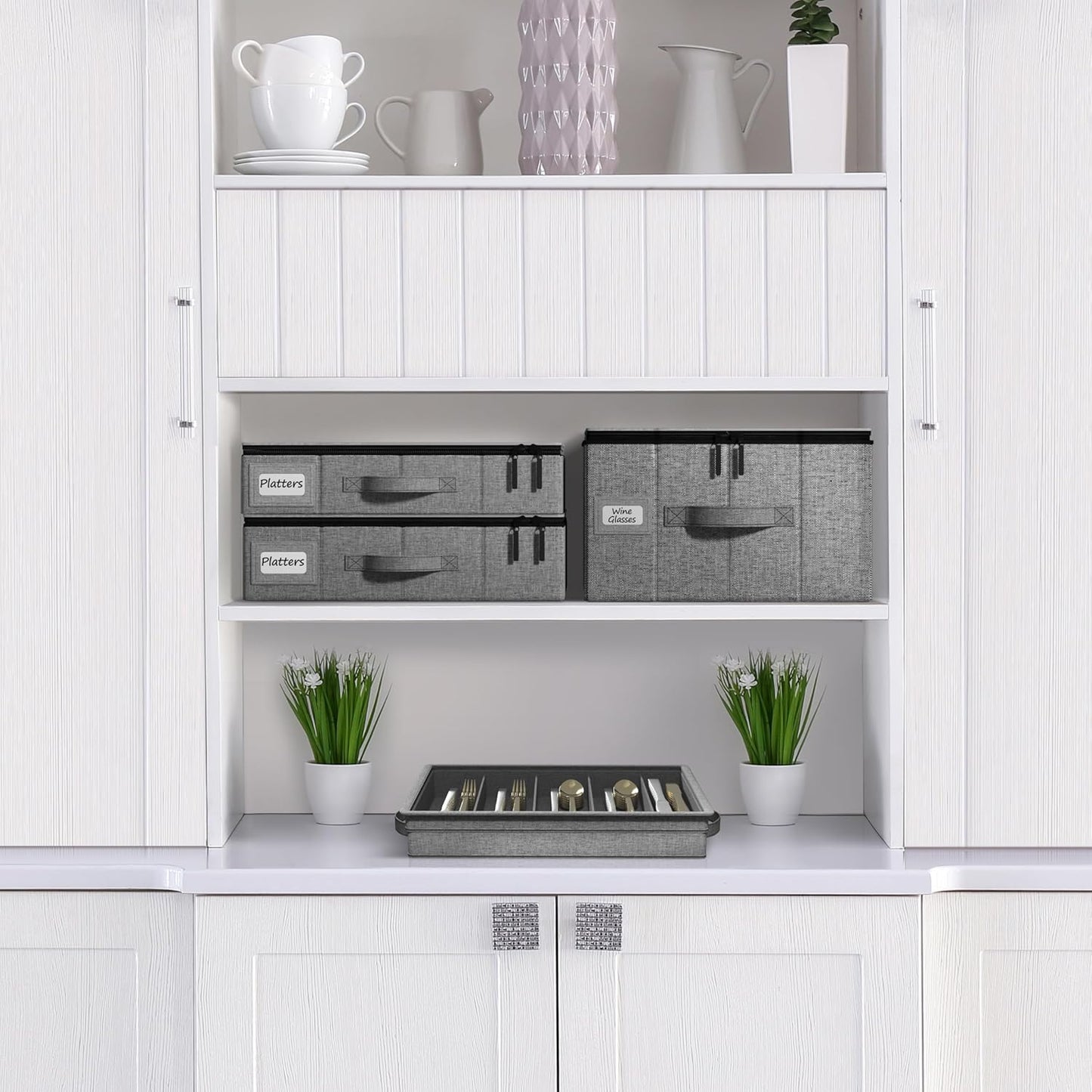 Sorbus China Storage Containers – Dinnerware Organizer for Champagne Flute Glasses with Lid (Holds Service for 12) with Felt Protectors – 13" x 10" x 10.6"