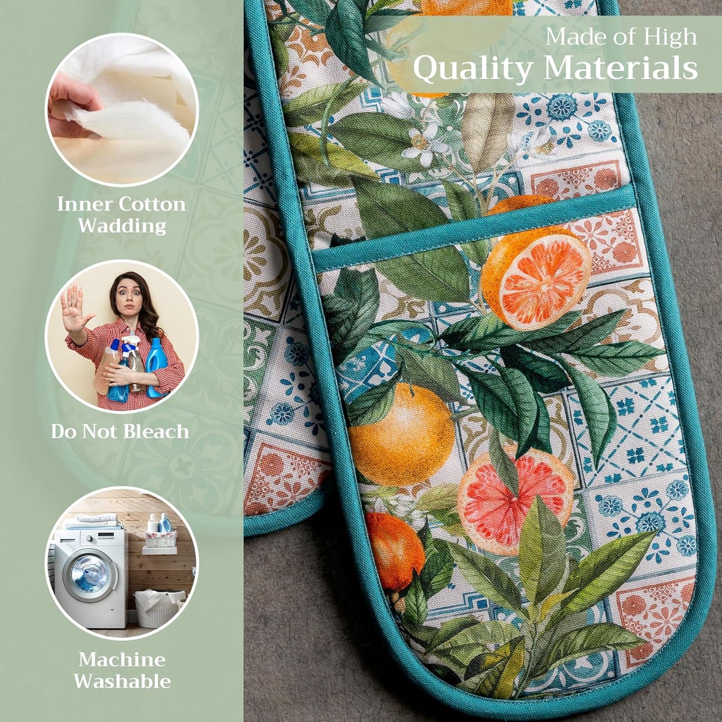 Maison d' Hermine Double Oven Mitts 100% Cotton 7"x35" Double Oven Mitt Heat Resistant BBQ Cooking Gloves with Loop, Baking, Grilling, Home, Kitchen, Handling Hot Pans Spring Summer (Agrume)