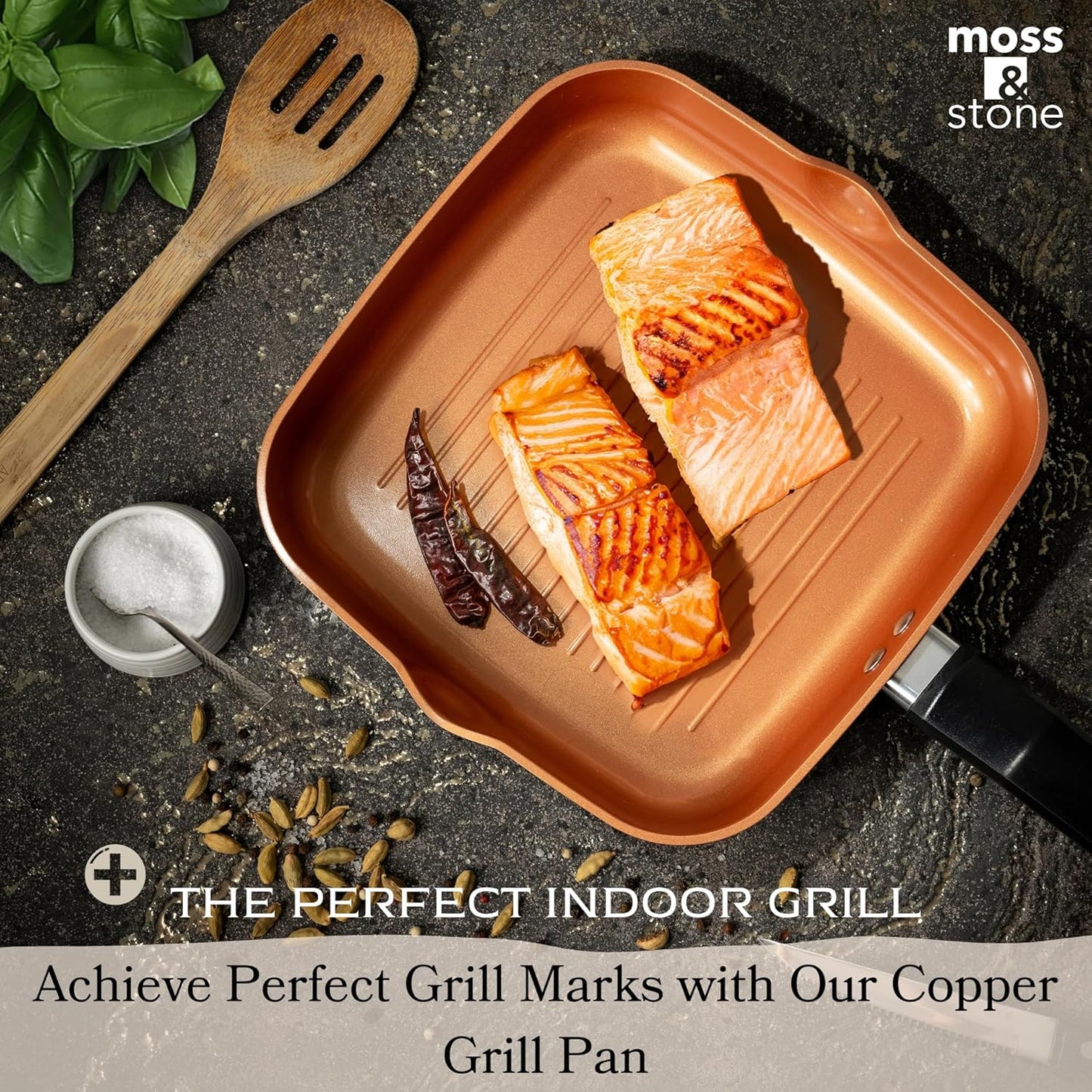 Moss & Stone Square Grill Pan For Indoor Cooking, 9.5In Frying Pan Copper Non-Stick Saute Fry Pan, Induction Copper Pan for Meats & Vegetables, Aluminum Griddle Nonstick Stove Top Grill Pan