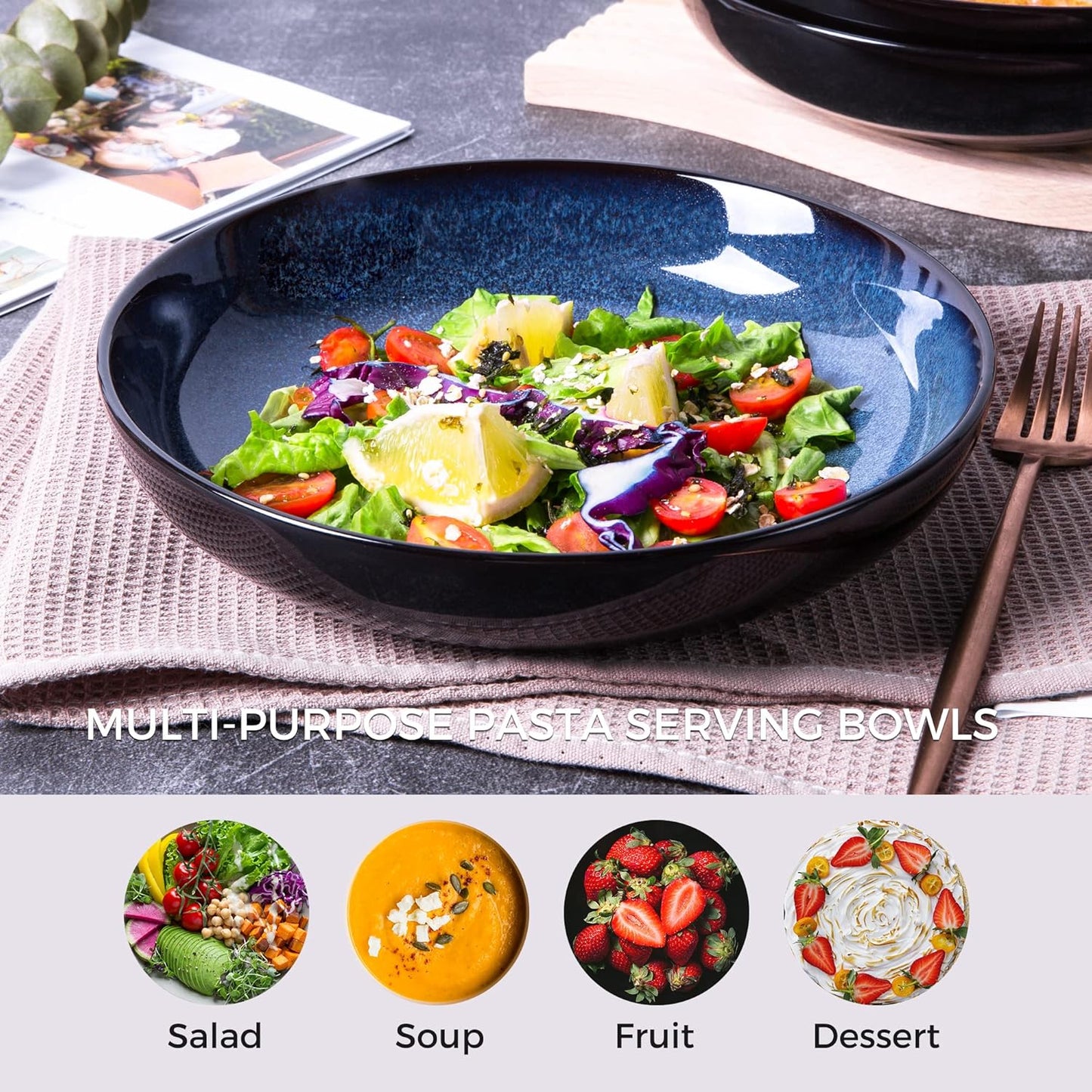 LERATIO Pasta Bowls,Ceramic 38oz Pasta Bowls,9.0" Reactive Glaze Pasta Bowl Set of 4,Microwave & Dishwasher,Oven Safe,Large Wide Serving Bowls for Salad, Dessert,Pizza,Fruit -Blue