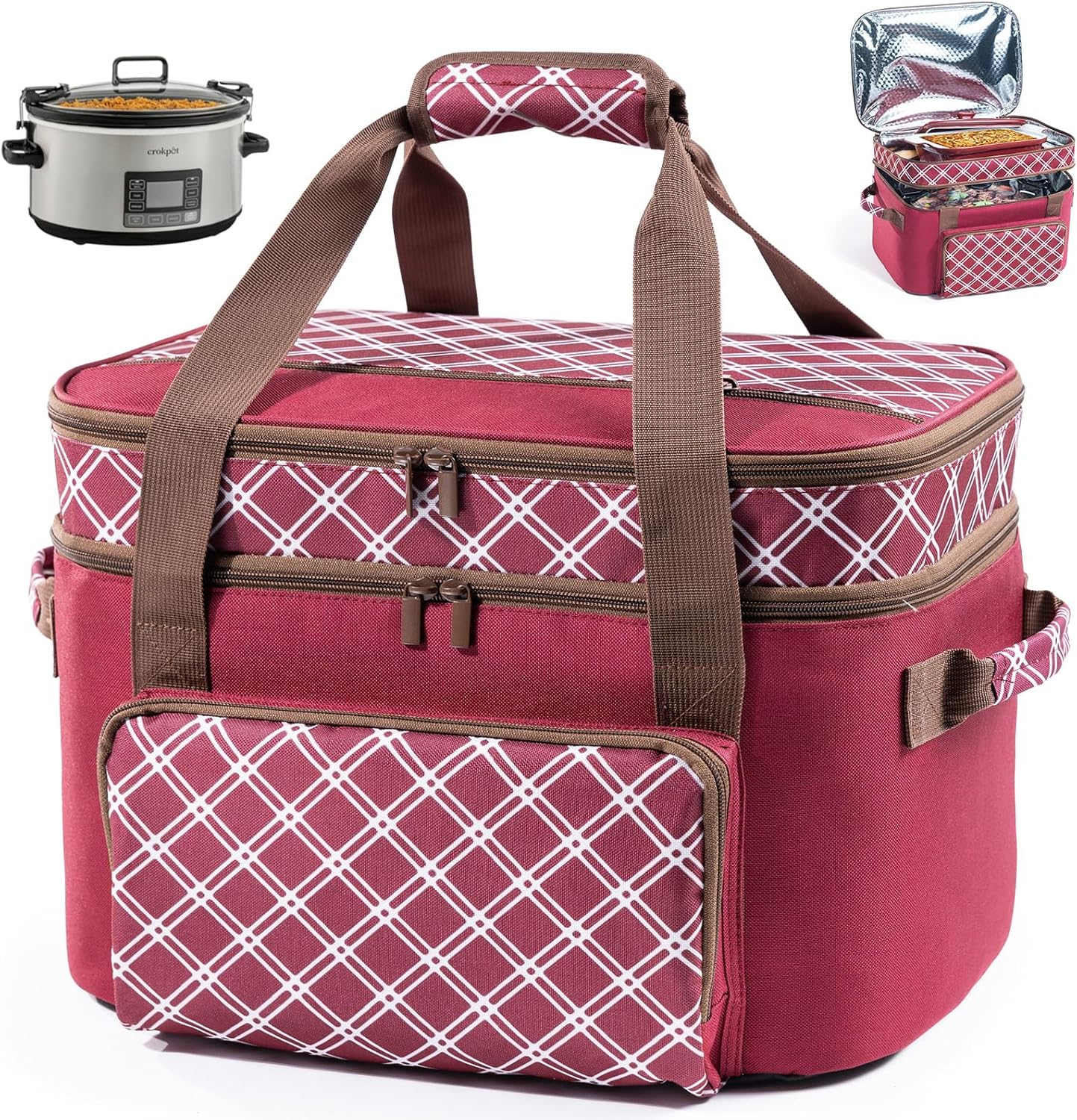 Double Layer Slow Cooker Carrier Bag – Fits 6–8 Qt Oval Slow Cooker Compatible with CrockPot & Hamilton Beach | Insulated Travel Tote with Utensil Storage & Adjustable Straps