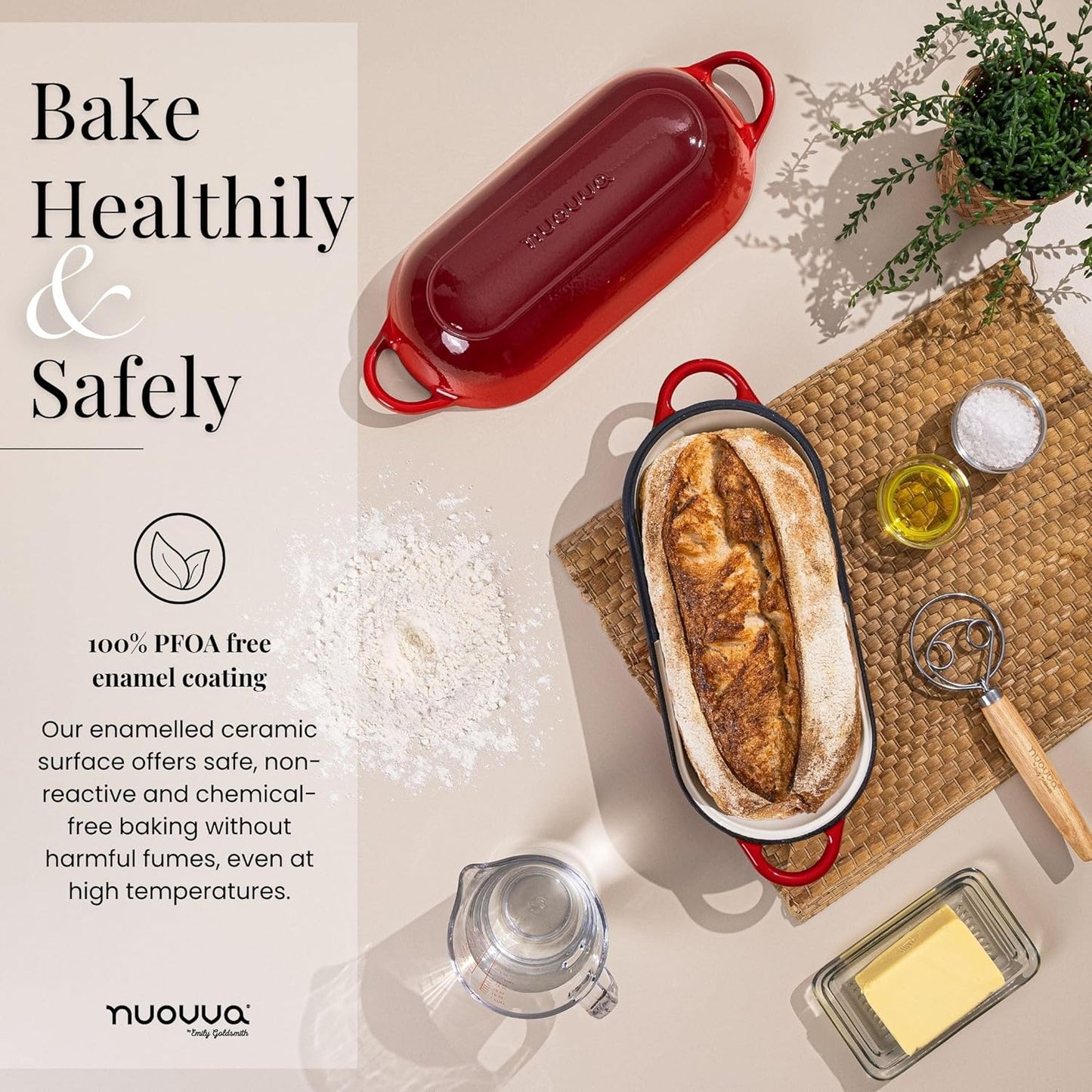 Enamelled Cast Iron Bread Loaf Pot – Dutch Oven For Sourdough Bread Baking – Oven Safe Non Stick Bread Pot – Rectangular, Red, 34cm x 16cm – by Nuovva