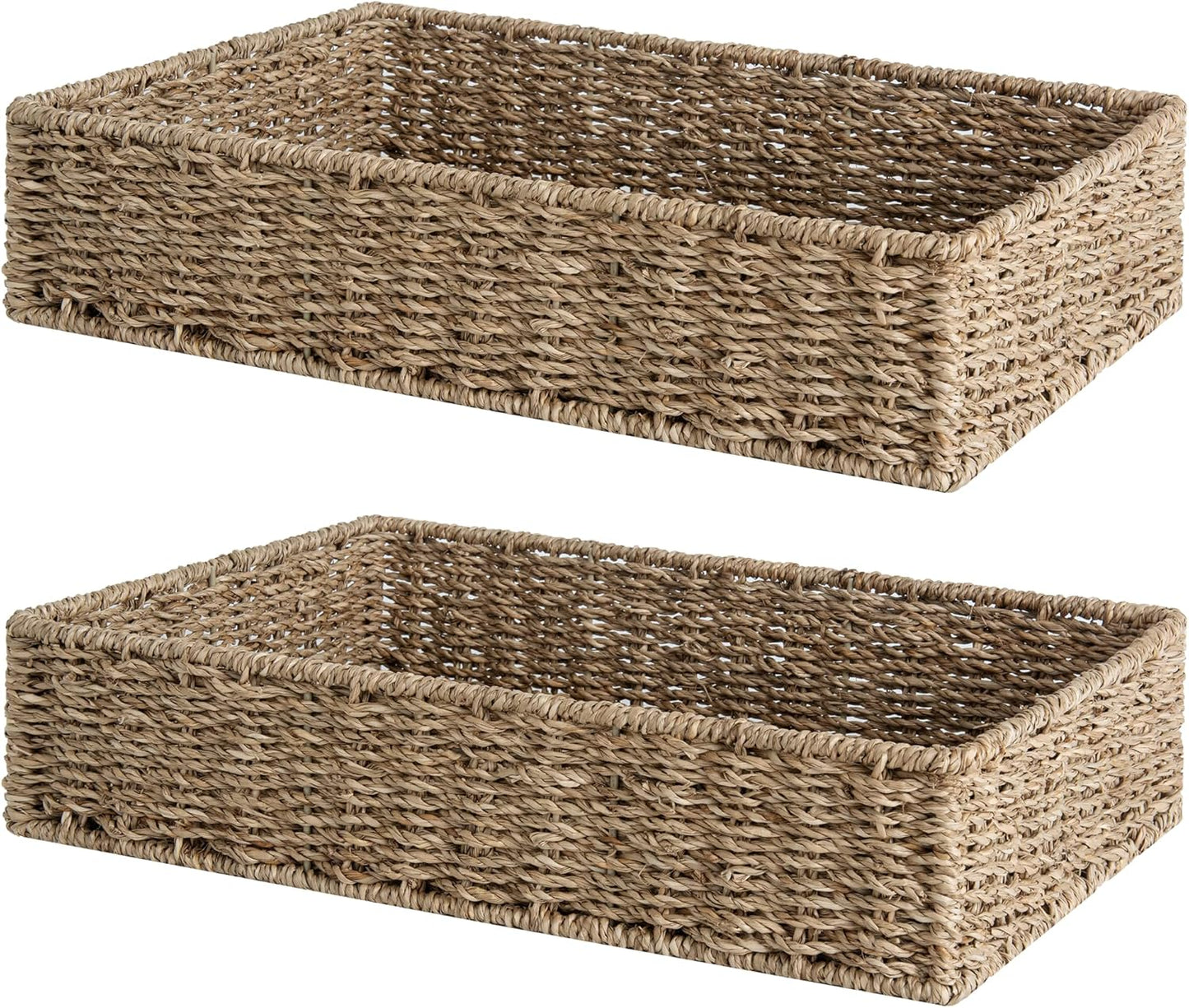 StorageWorks Large Seagrass Tray for Bathroom, Seagrass Storage Baskets for Shelves, Handwoven Natural Wicker Baskets for Organizing, 2-Pack