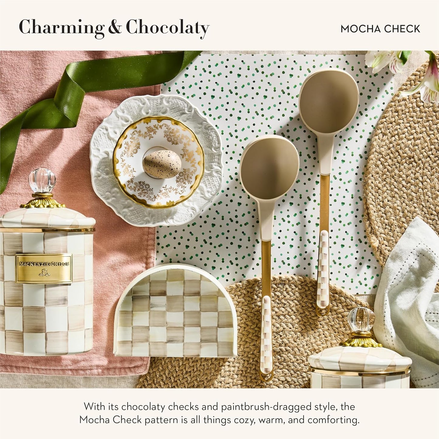 MACKENZIE-CHILDS Kitchen Ladle, Silicone Ladle Spoon for Cooking, Brown-and-White Mocha Check