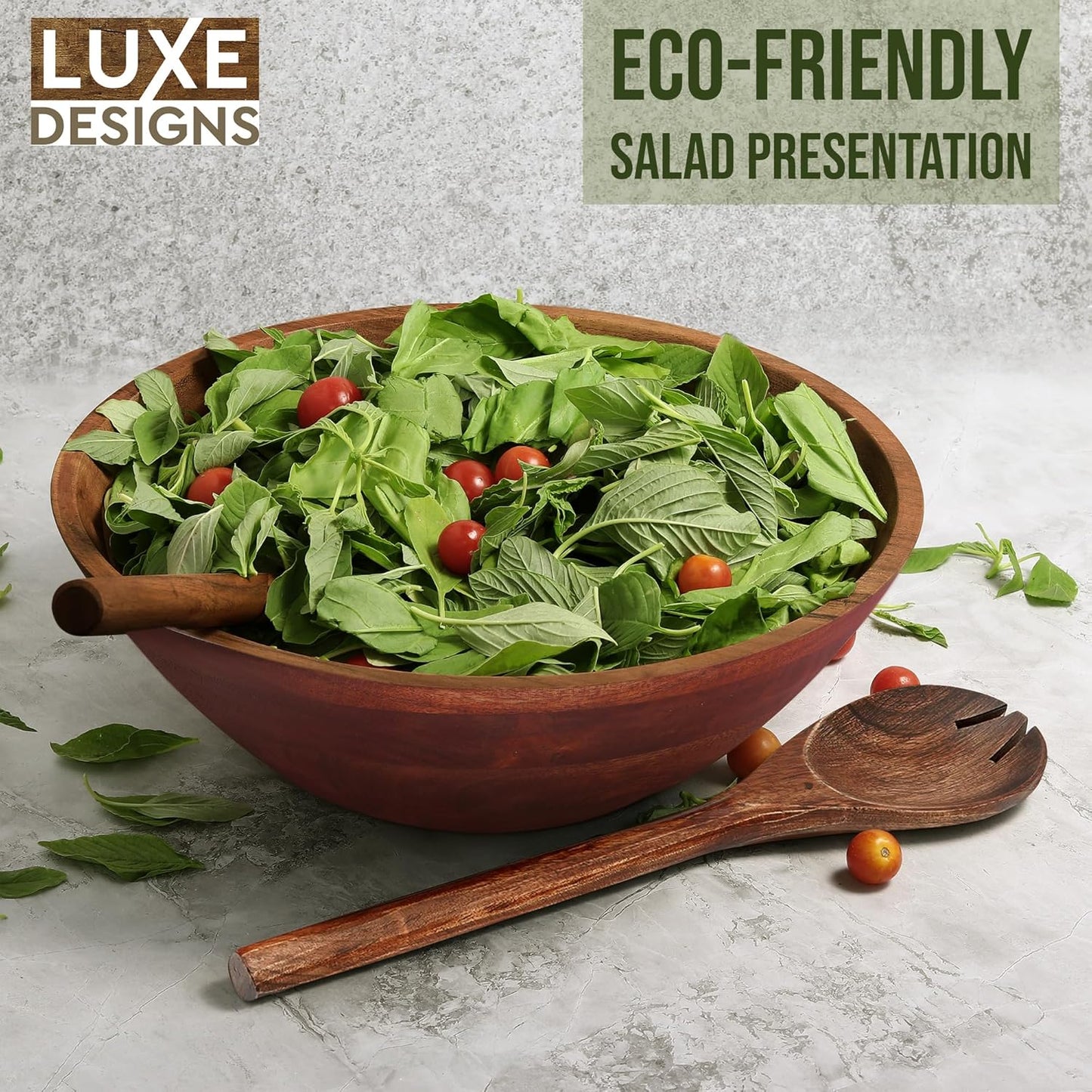 Luxe Designs Wooden Salad Bowl Set - Food Safe & Sustainable Decorative Bowl - Wood Bowl for Fruits, & Salads - Easy to Clean Large Salad Bowls Set w/Spoon, Fork – Wooden Bowls for Food (Dark Burnt)