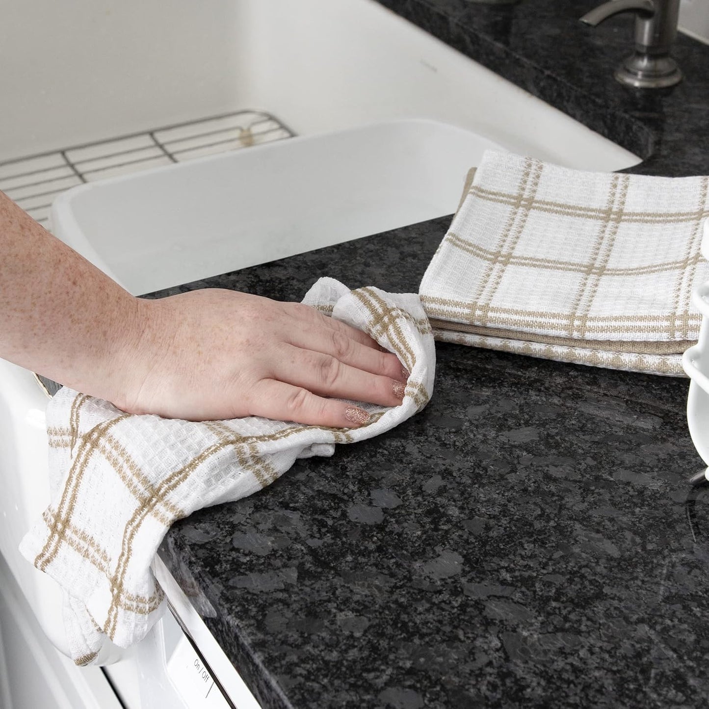 T-FAL Premium Waffle Dish Cloths: Highly Absorbent, Super Soft Long Lasting - 100% Cotton, 12"x13" Flat Waffle Dish Towel for Cleaning & Drying Dishes, (4-Pack), Sand