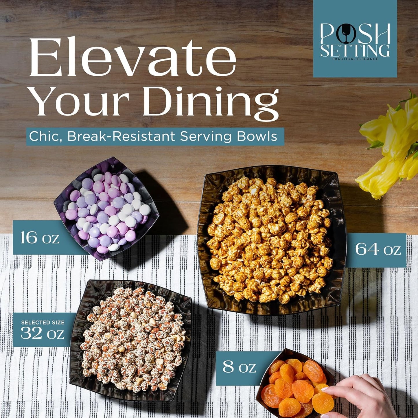 Posh Setting - Black Plastic Serving Bowls (32oz - 4 Pack) Square, Disposable, Salad & Fruit Bowls for Party Table, Candy Containers for Candy Buffet