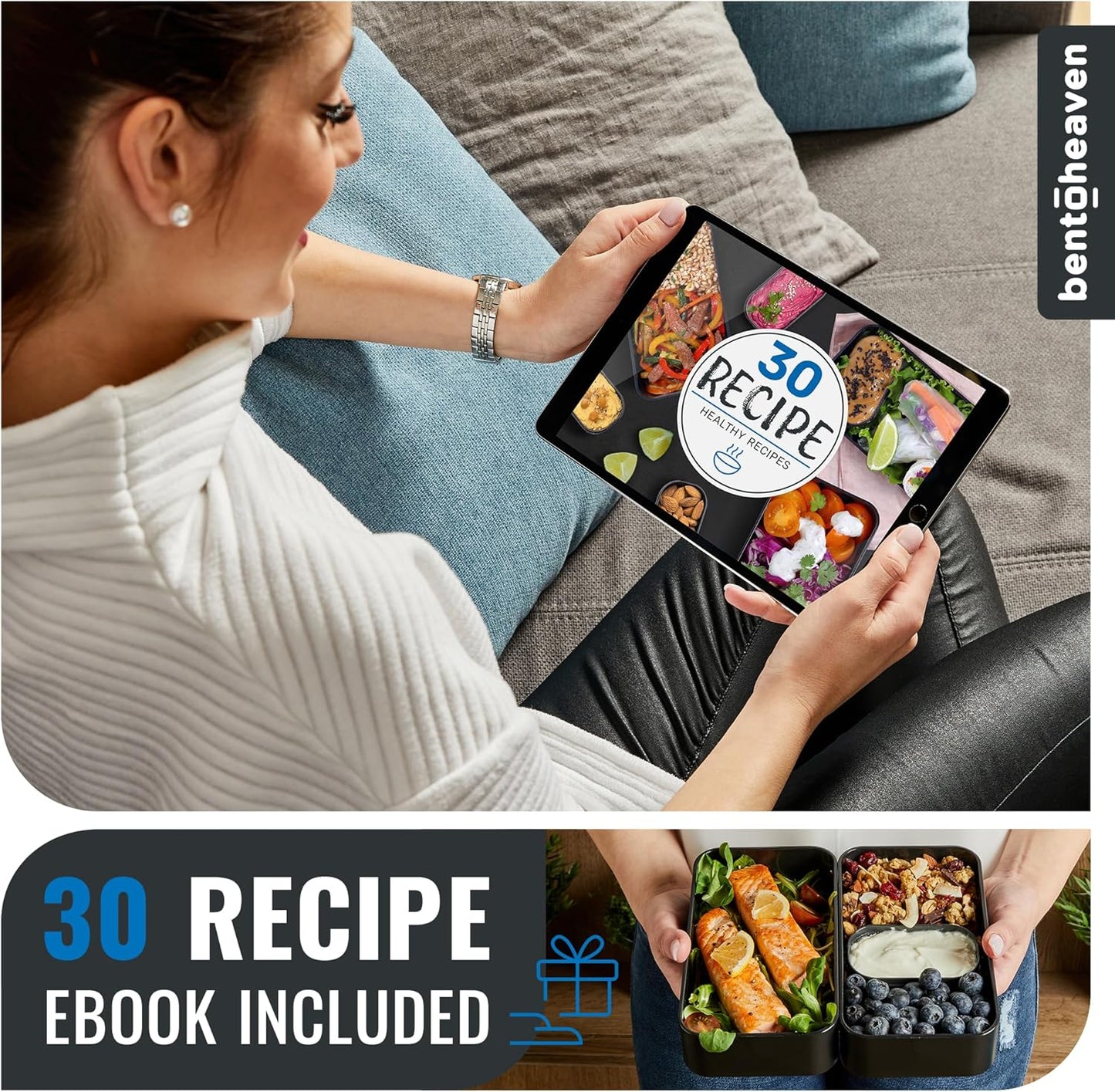 Bentoheaven Premium Bento Box Adult Lunch Box with Compartments for Women & Men, Set of Utensil & Chopsticks & Dip Container, Cute Japanese Kids Bento Lunch Box, Microwavable (Steel My Heart)