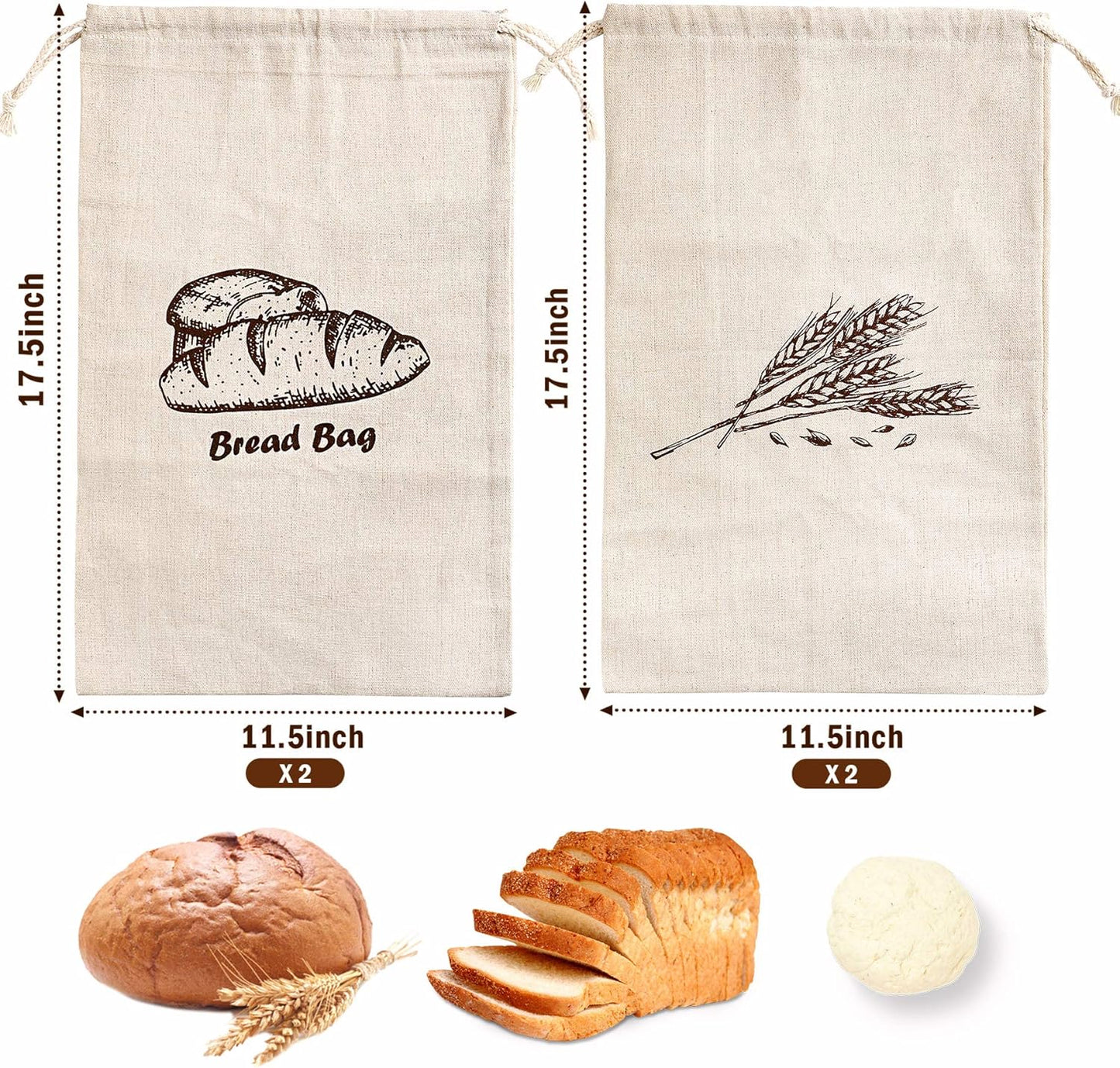 Augshy Linen Bread Bags for Homemade Bread Container, 4 Pcs 17.5 X11.5 Inches Unbleached & Reusable Bread Storage, Natural Large Storage for Artisan Bread