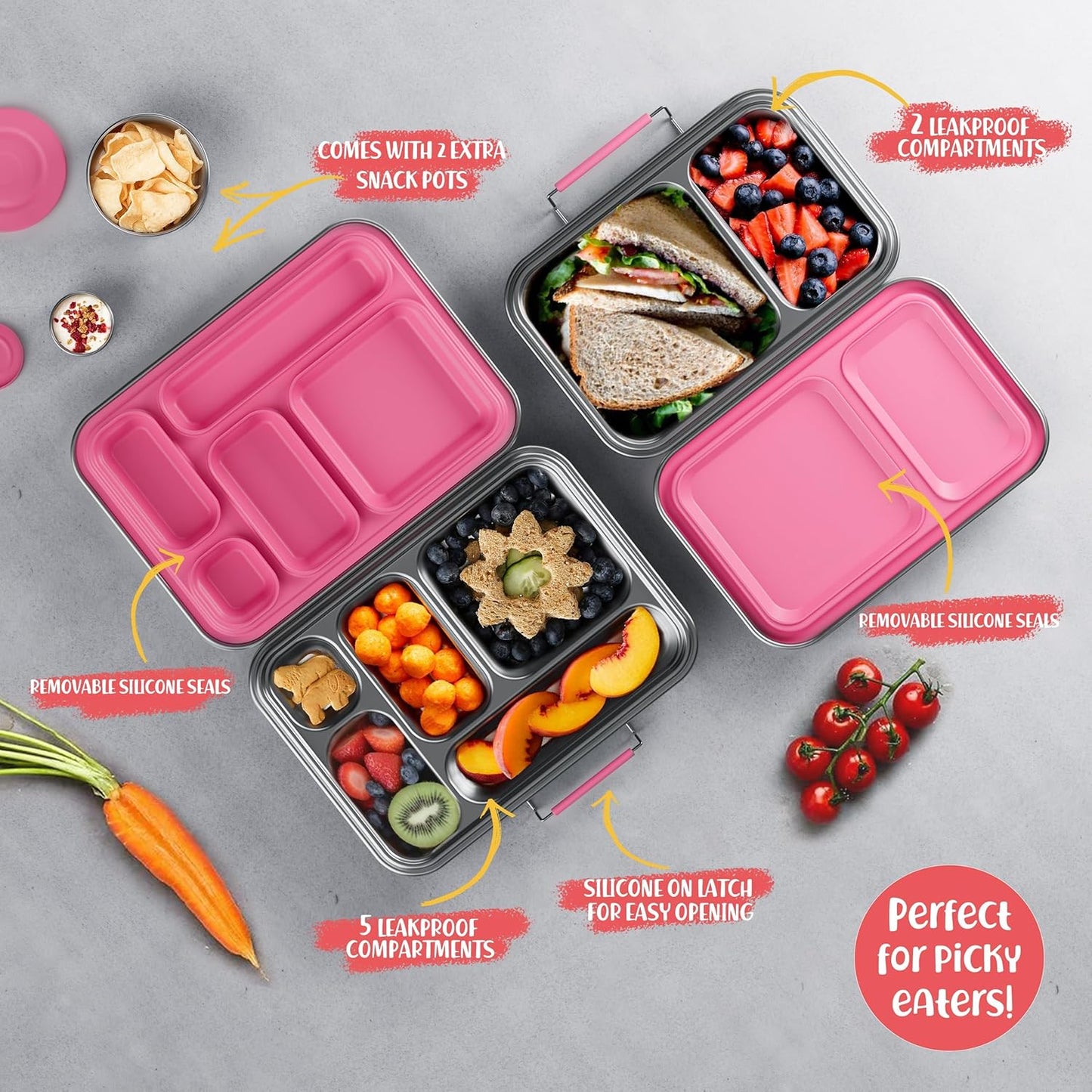 Stainless Steel Bento Box Kids, Kids Metal Bento Lunch Box BPA Free Lunch Box Containers 304 Stainless Steel Bento Box for School and Office(Pink)