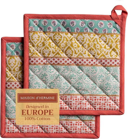 Maison d' Hermine Pot Holders Set 100% Cotton Heat Resistant Potholders 8" x 8" Hot Pads with Loop BBQ, Cooking, Baking, Grilling, Kitchen, Handling Hot Pans Spring/Summer (Pack of 2, Provence)