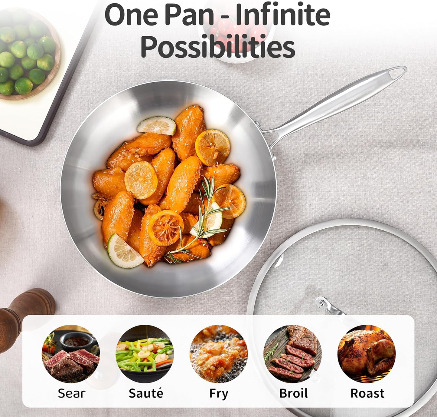 LOLYKITCH 12 Inch Tri-Ply Stainless Steel Frying Pan,Skillet,Induction Cooking Pan,Dishwasher and Oven Safe,Heavy Duty and Detachable Handle.