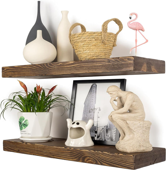 Distressed Floating Shelves 24 inch Long Set of 2,8 inch deep Solid Wood Wall Mounted Shelves for Living Room Kitchen,Book Shelf for Wall with Hidden Bracket- Distressed Black Walnut