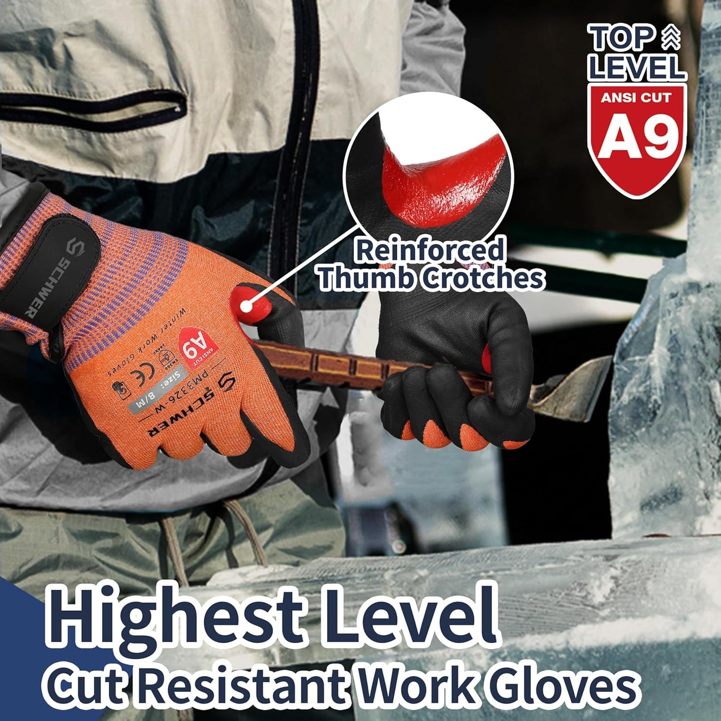 Schwer FreezeGuard-X Winter Work Gloves for Men and Women, ANSI A9 Cut Resistant Gloves for Extreme Protection, Freezer Glove With Super Grip, Touchscreen, Thermal Insulated, PM3326-W (L,1 Pair)