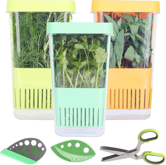 Herb Keeper Set: 3 Pack Herb Saver+1 Pack Herb Scissors+2 Pack Herb Stripper, BPA-Free Plastic Herb Container for Cilantro, Mint & Asparagus, Keeps Fresh Herbs for 3 Times Longer
