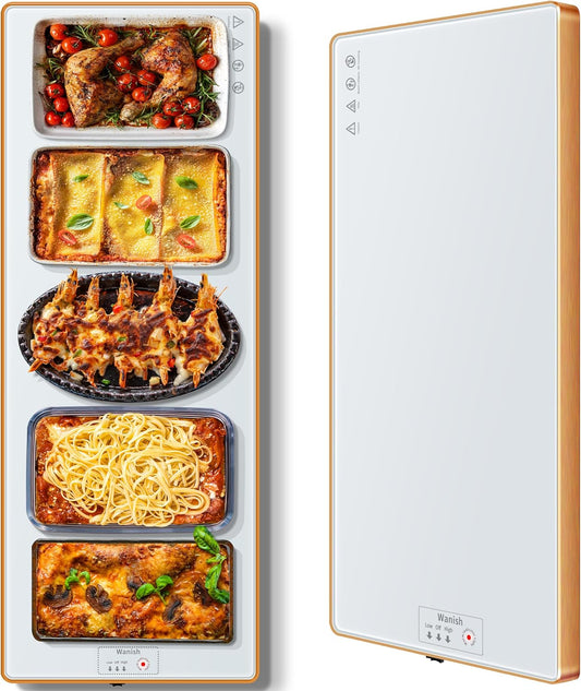Electric Warming Tray (Extra Long 47”x12”)，Food Warmers for Parties Buffet & Gathering, Food Warming Mat with Thermostat, Tempered Glass Warming Mat for Food with Adjustable Temperature Modes, White