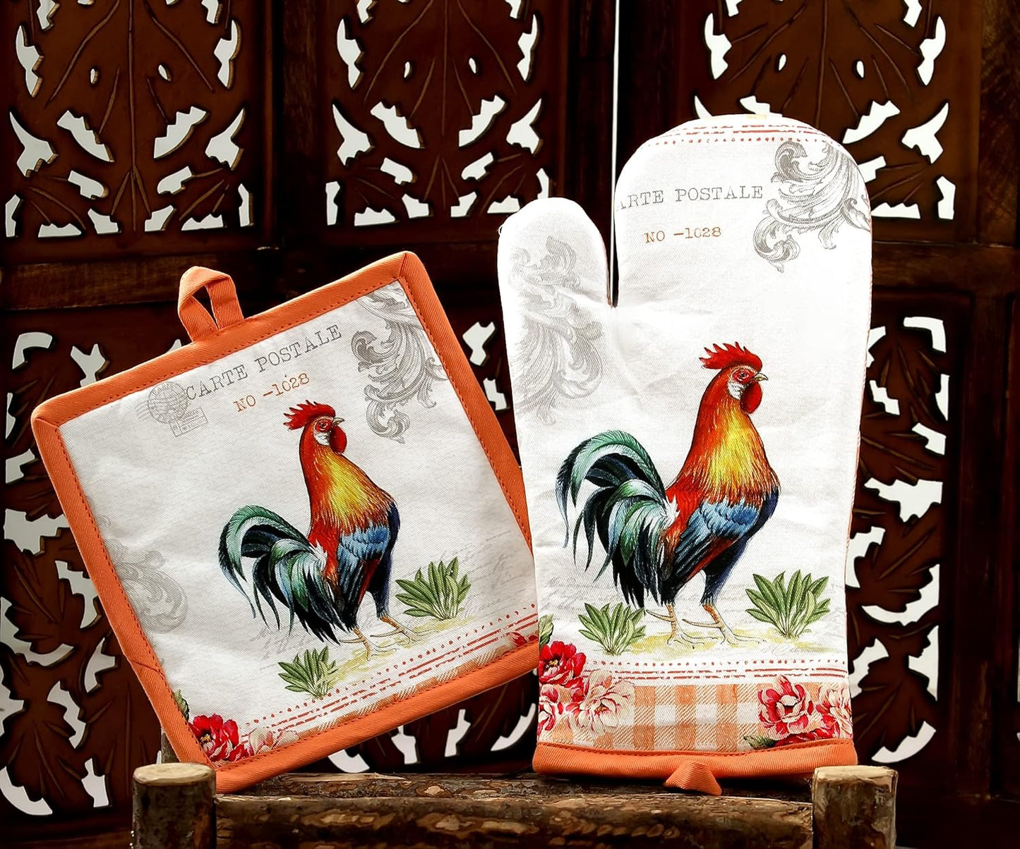 AMOUR INFINI Oven Mitts and Pot Holders Sets Heat Resistant, Non-Slip 1 Oven Mitt and 1 Pot Holder BBQ Party Baking Kitchen Set (Farm Rooster Design)